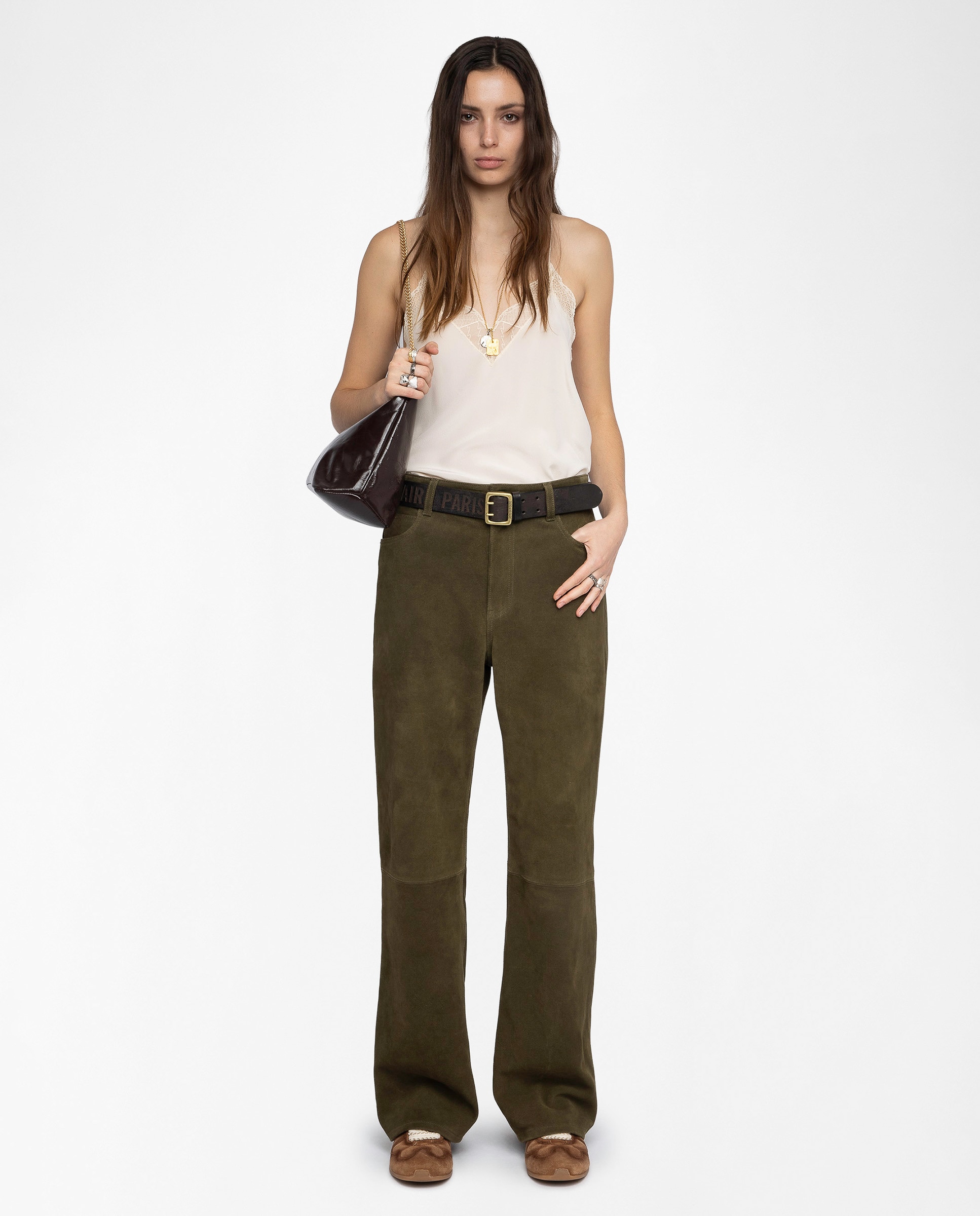 Zadig & Voltaire - Pantalón de mujer de ante recto y cintura alta.