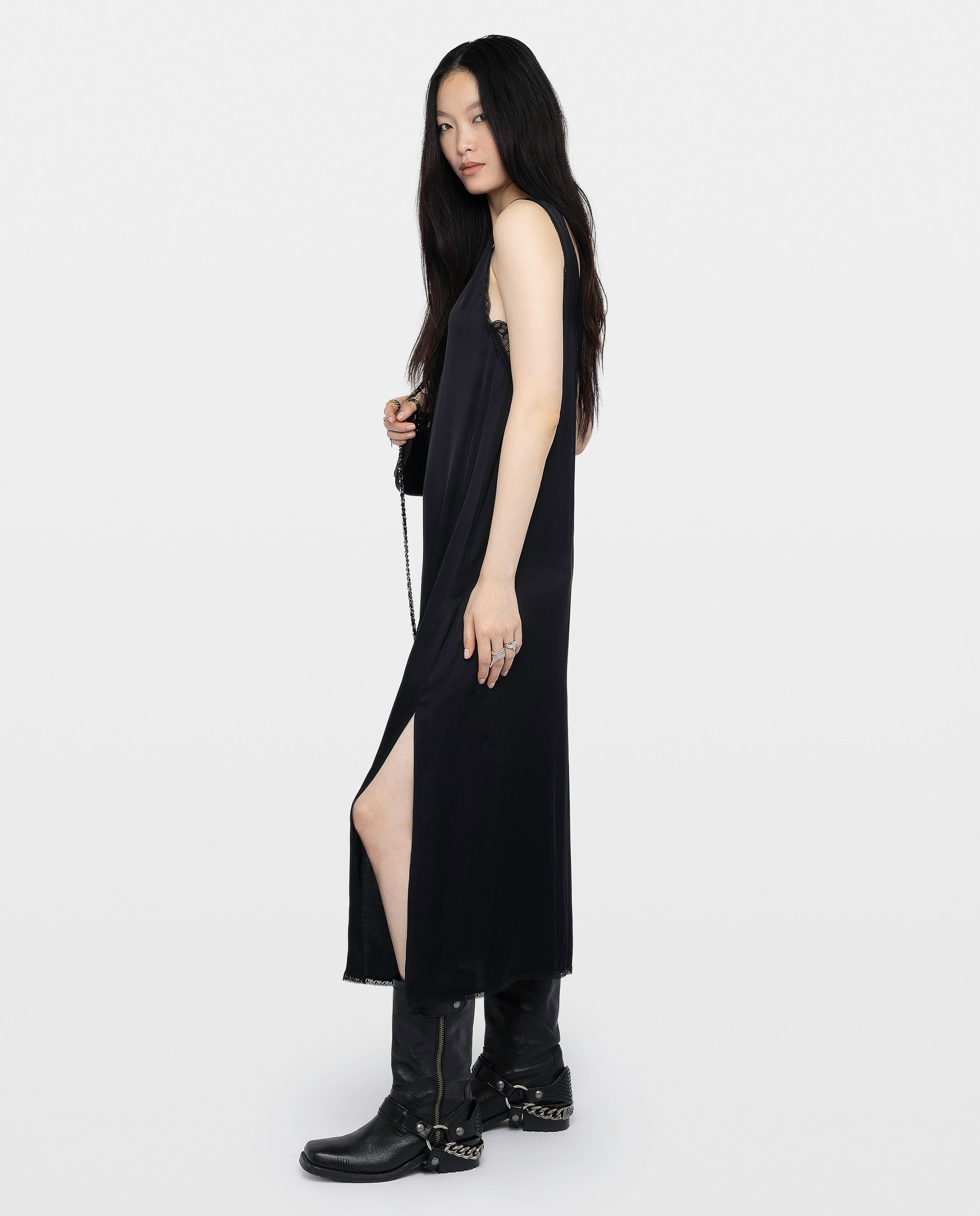 Vestido largo satinado lencero sin mangas con encaje - Zadig & Voltaire - Negro Negro-2