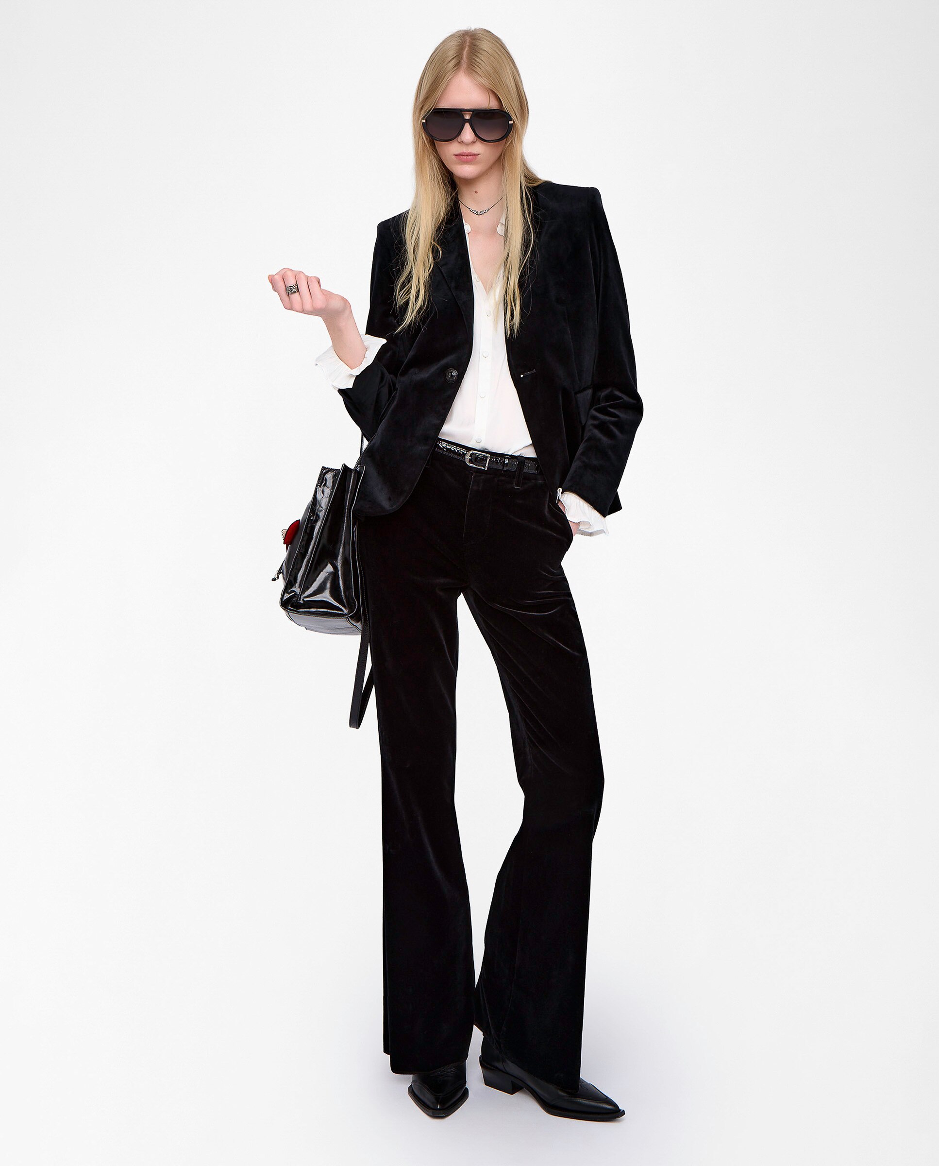 Imagen 0 de Pantalones de campana de mujer cintura baja de terciopelo Negro