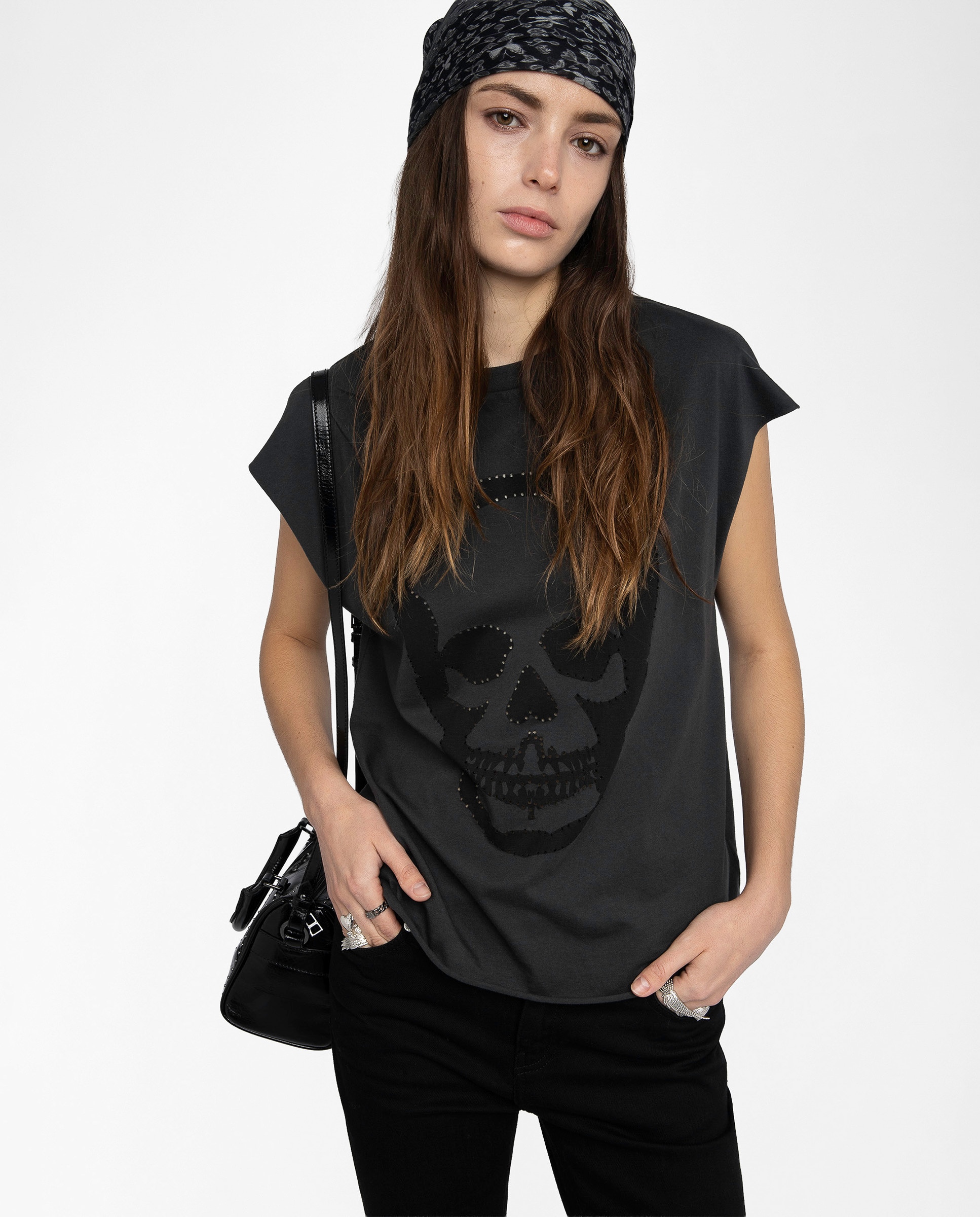 Zadig & Voltaire - Camiseta de mujer 100% algodón de tirantes con cuello redondo estampada y perforada.