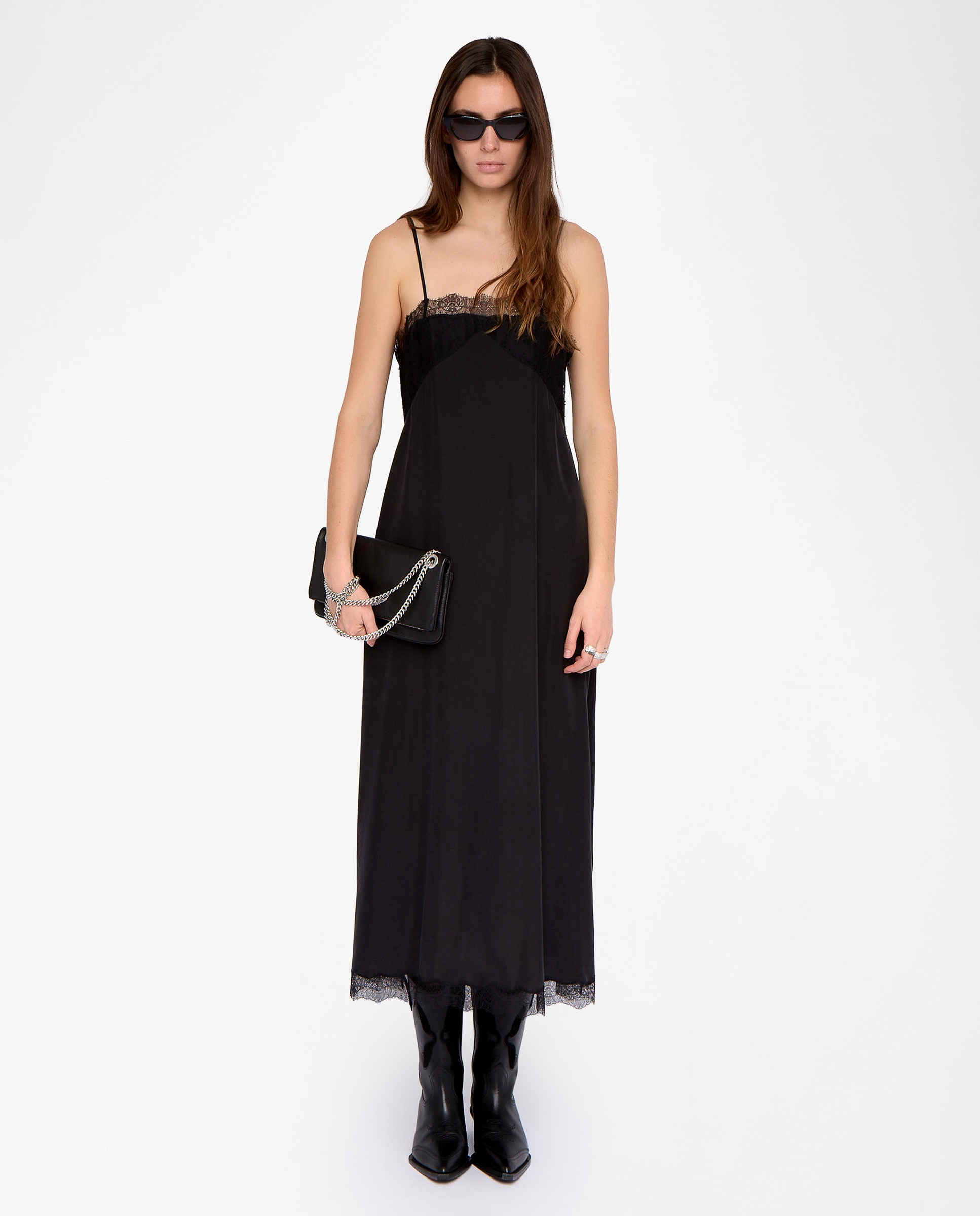 Zadig & Voltaire - Vestido midi 100% seda con encaje y tirantes ajustables.