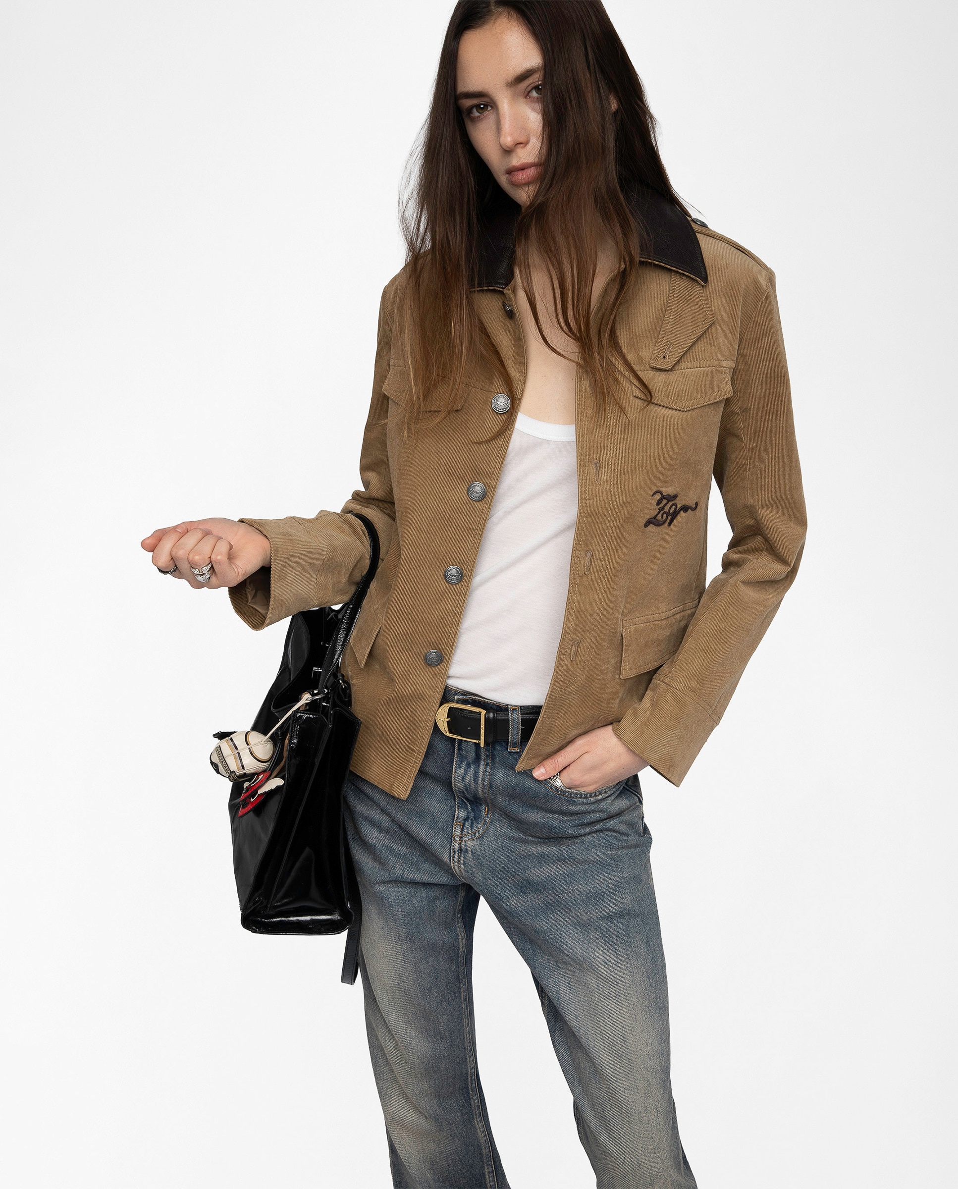 Zadig & Voltaire - Chaqueta de mujer de inspiración militar en pana con cuello de piel y manga larga.