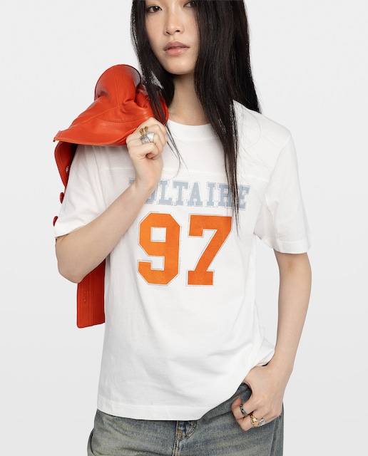 Imagen 0 de Camiseta de mujer de manga corta de algodón con estampado frontal y strass