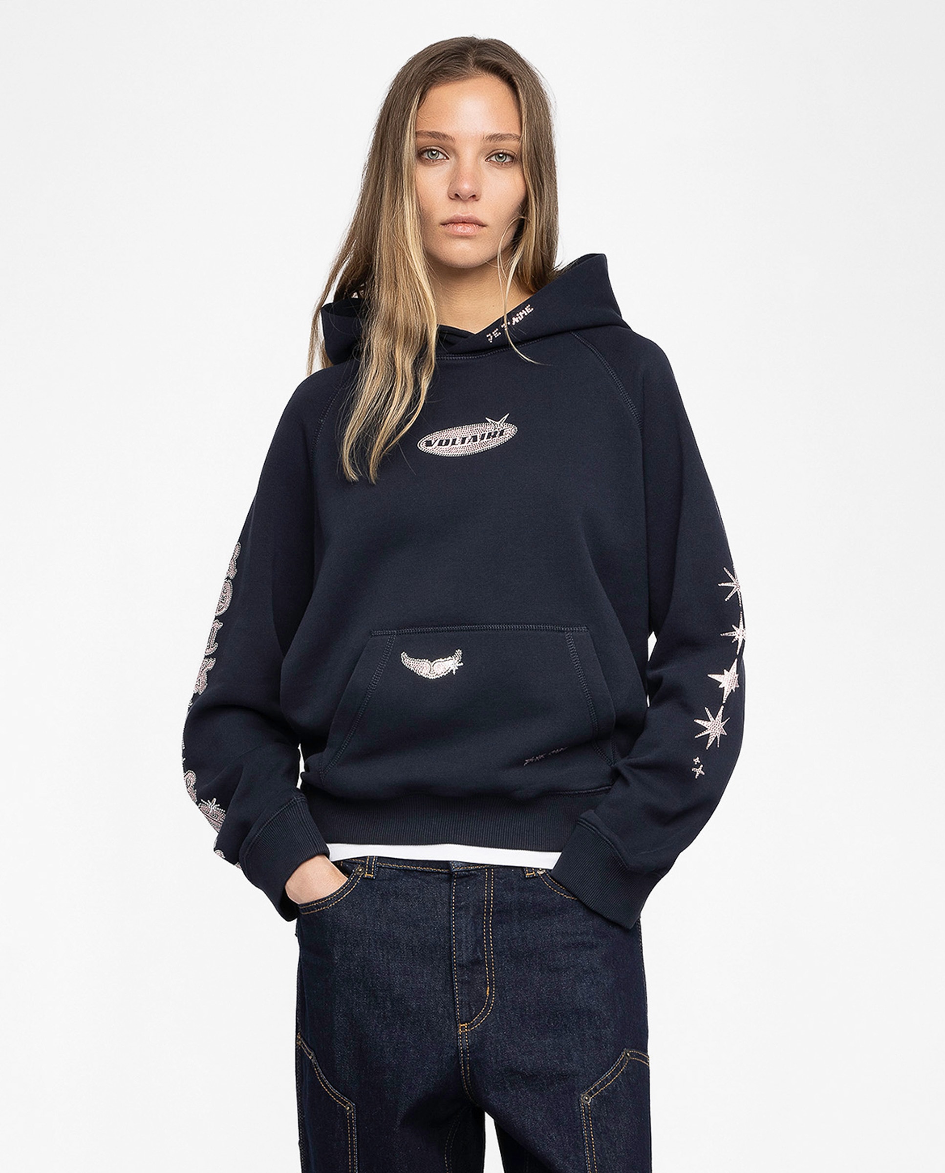Zadig & Voltaire - Sudadera de mujer con capucha, mangas largas, customización de strass y algodón.