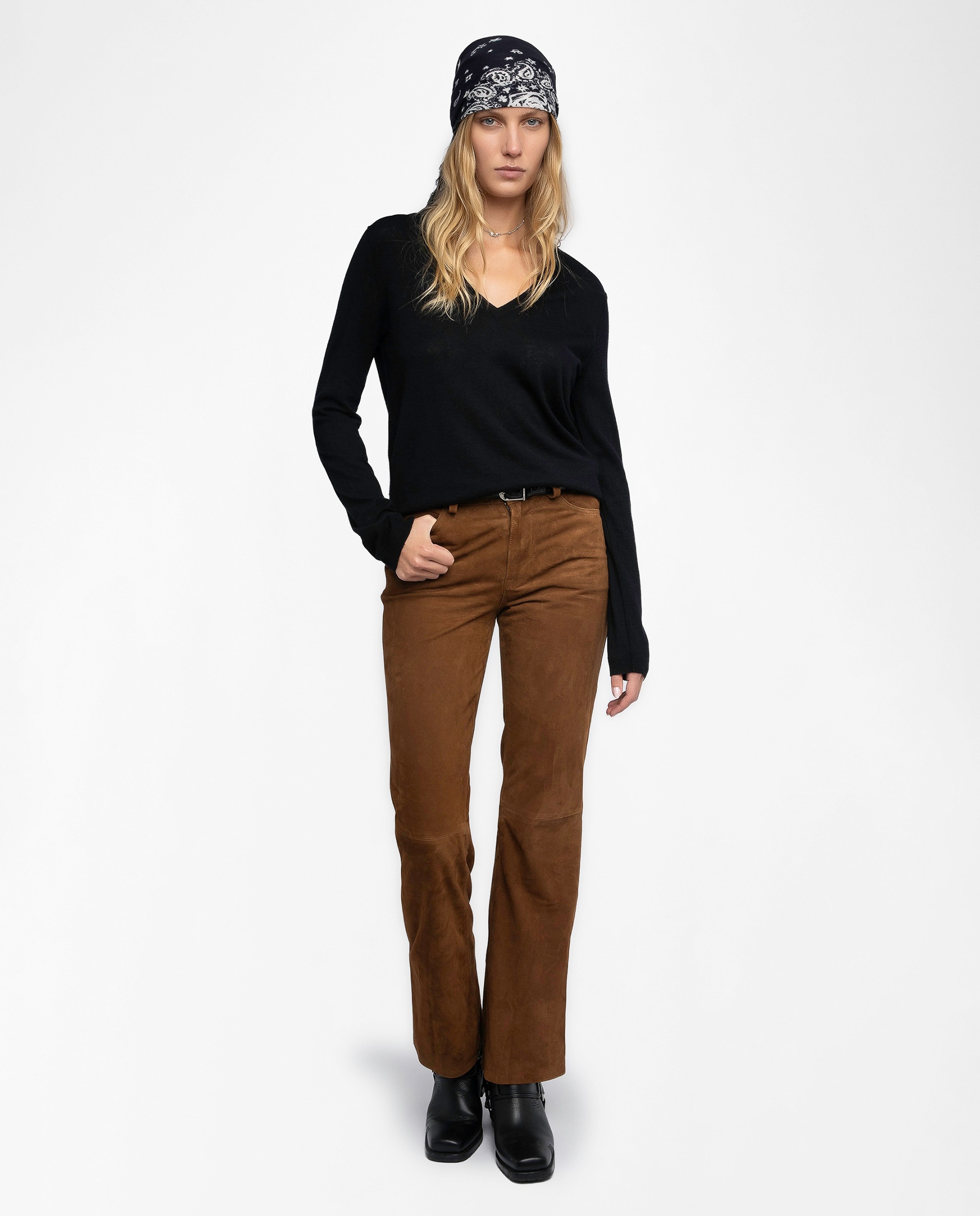 Jersey de mujer 100% cachemira con cuello pico y manga larga - Zadig & Voltaire - Negro Negro-4