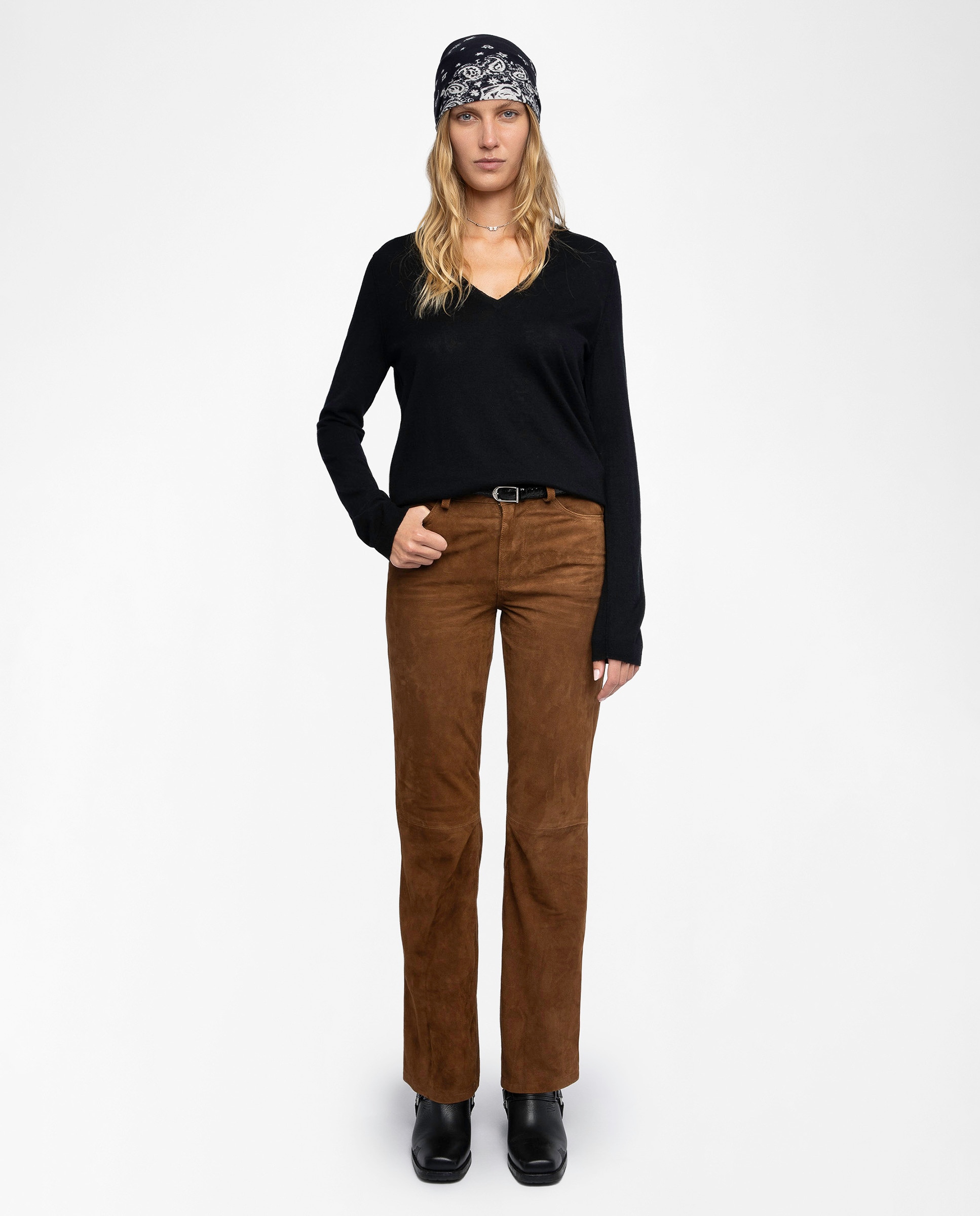Jersey de mujer 100% cachemira con cuello pico y manga larga - Zadig & Voltaire - Negro Negro-5