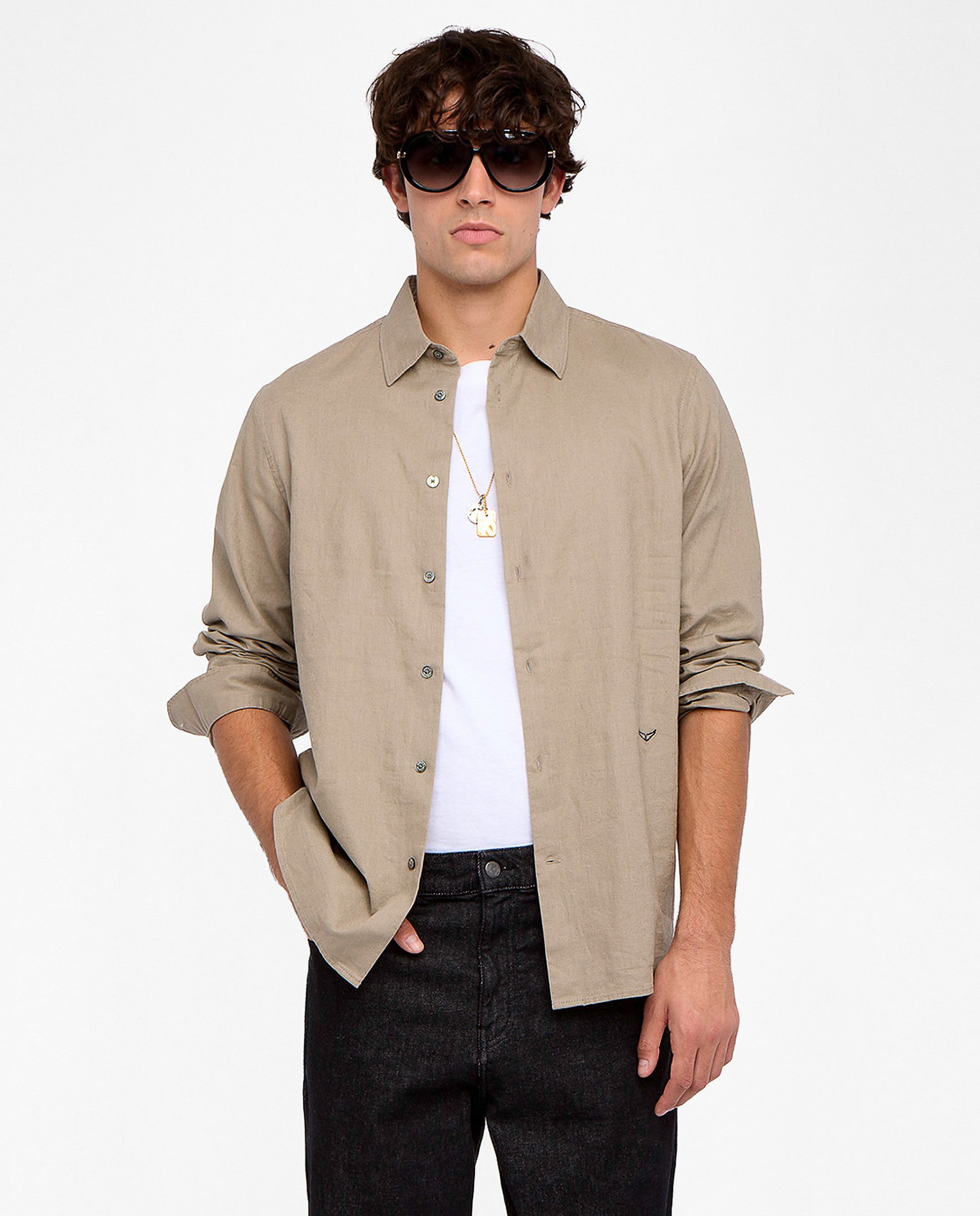 Zadig & Voltaire - Camisa de hombre entallada de voile de algodón de mangas largas con bordado de alas.