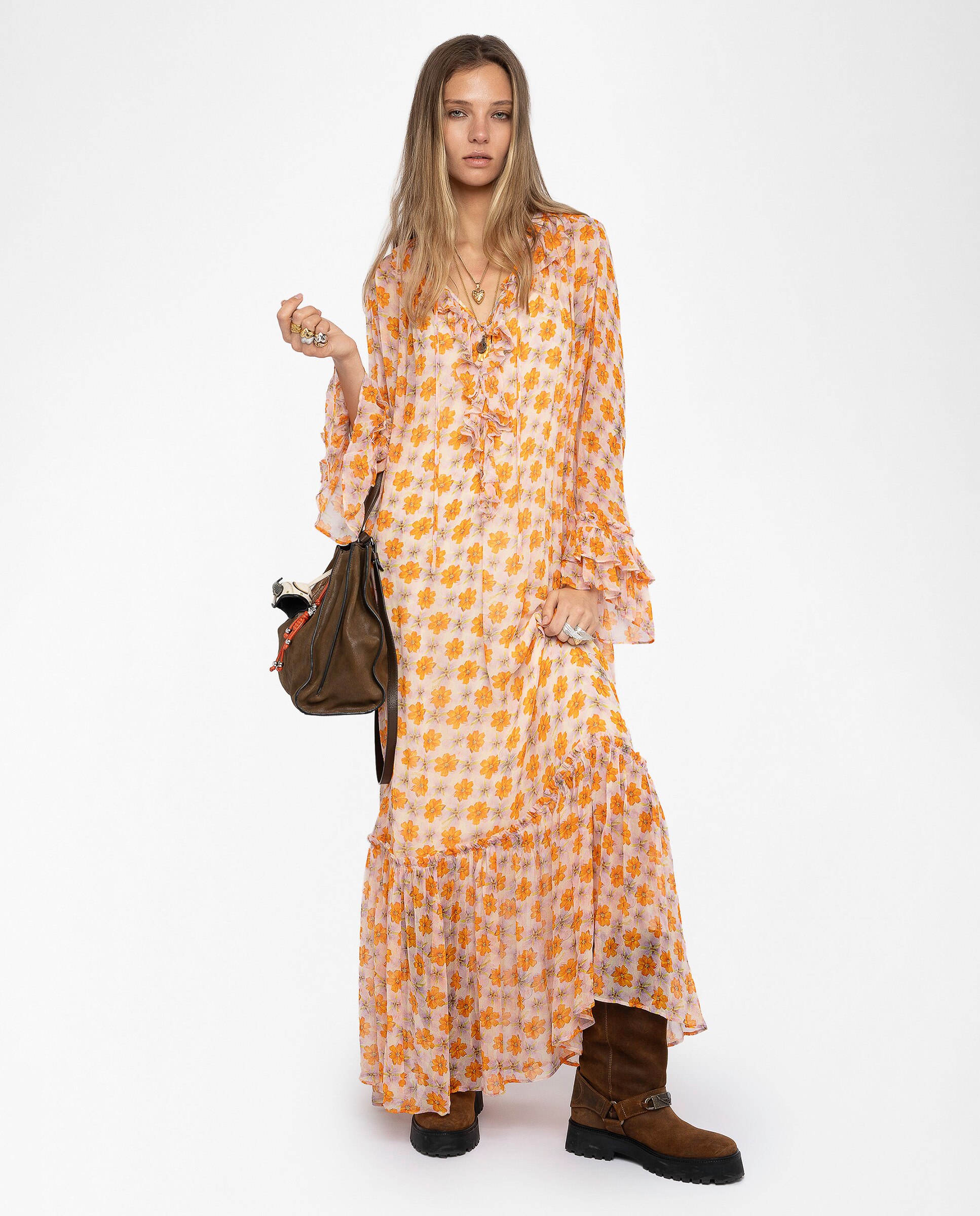 Vestido largo drapeado con gasa estampada y manga larga