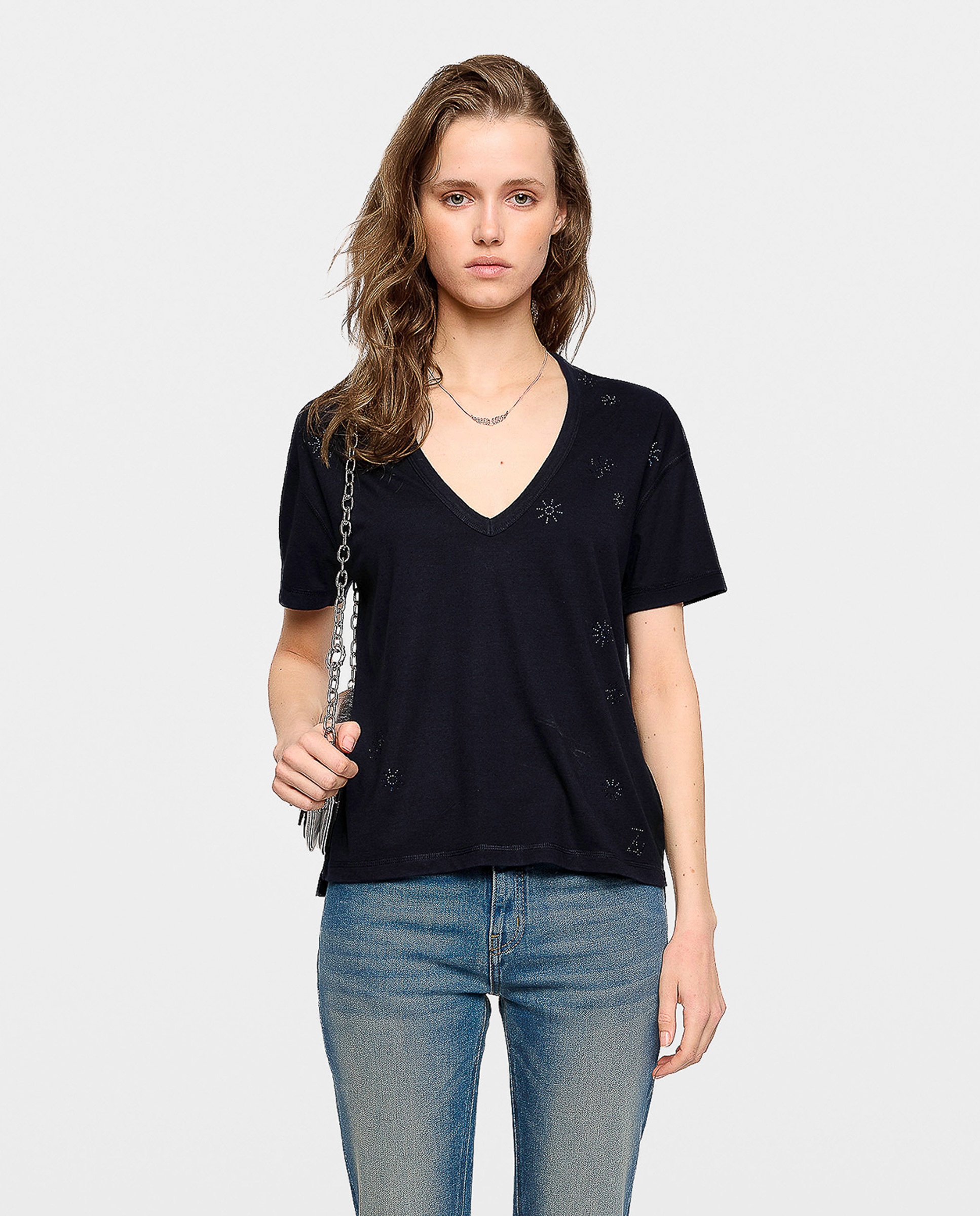 Zadig & Voltaire - Camiseta de mujer de cuello pico, con strass y manga corta de algodón.