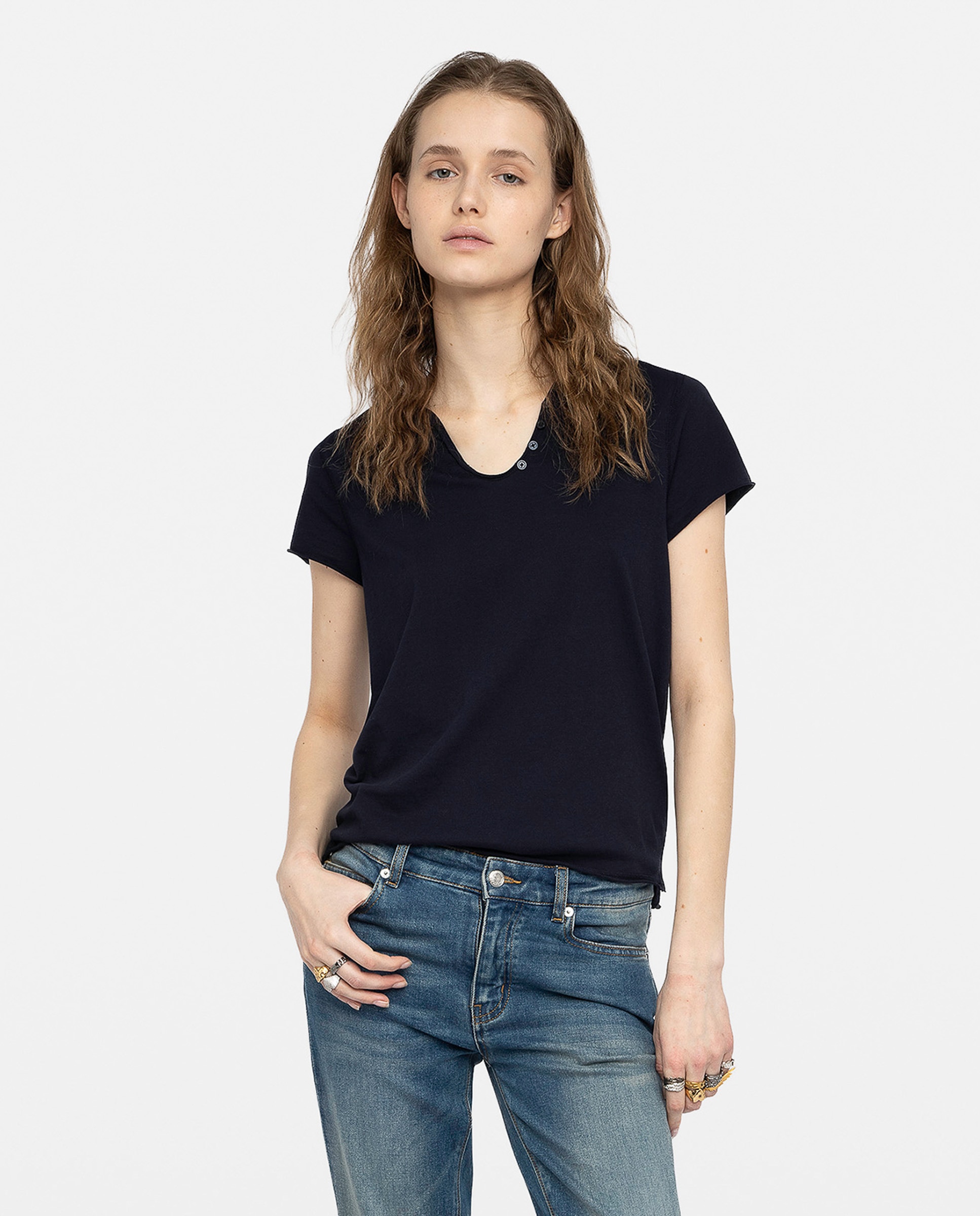 Camiseta tunecina de mujer de manga corta de algodón con rejilla - Zadig & Voltaire - Azul marino Azul marino-1