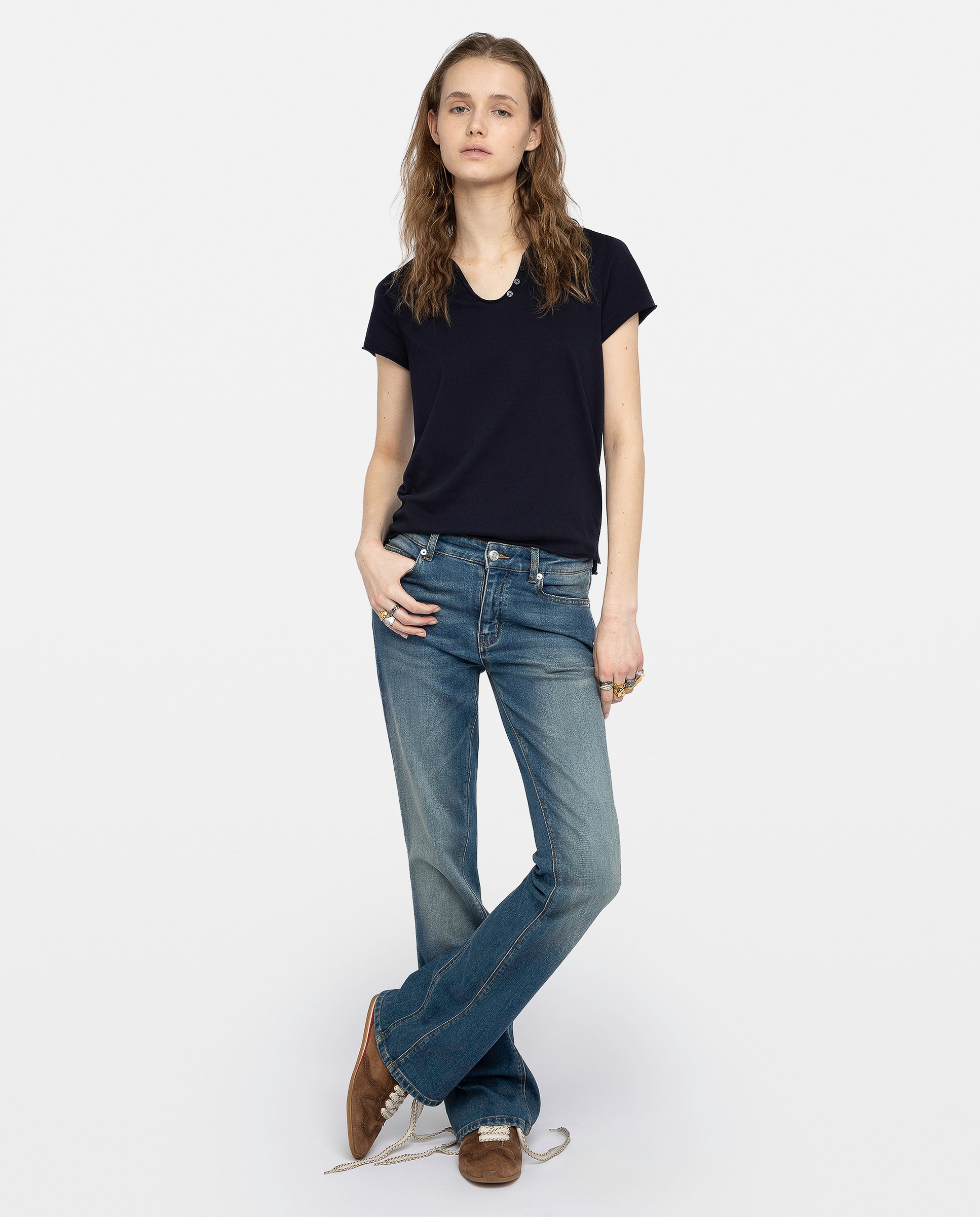 Camiseta tunecina de mujer de manga corta de algodón con rejilla - Zadig & Voltaire - Azul marino Azul marino-4