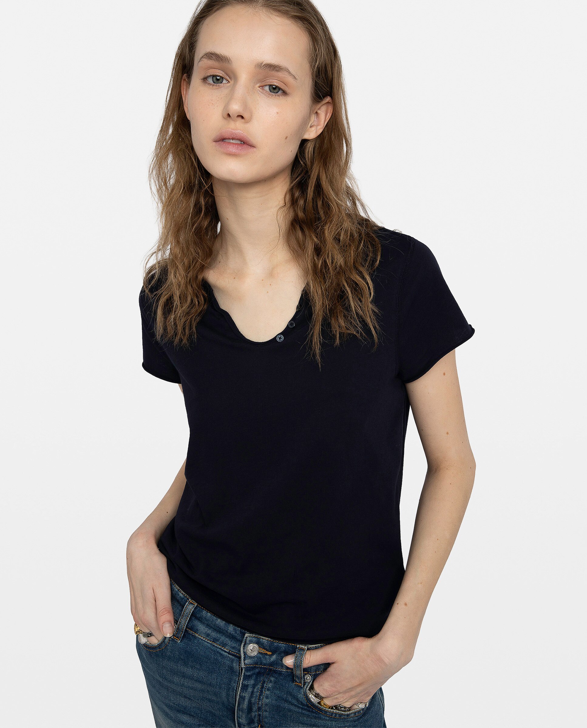 Camiseta tunecina de mujer de manga corta de algodón con rejilla - Zadig & Voltaire - Azul marino Azul marino-5