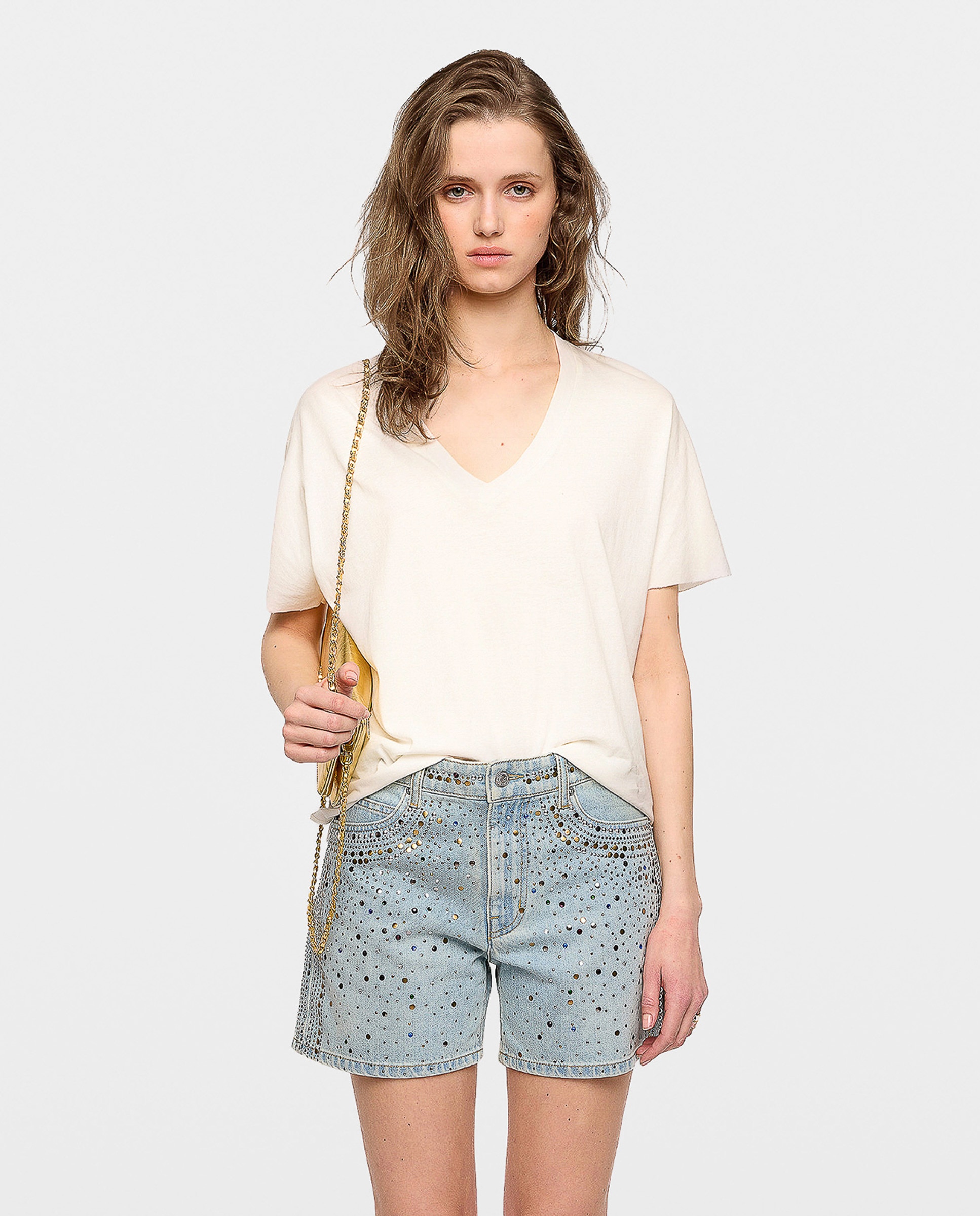 Zadig & Voltaire - Camiseta de mujer 100% algodón manga corta cuello pico.