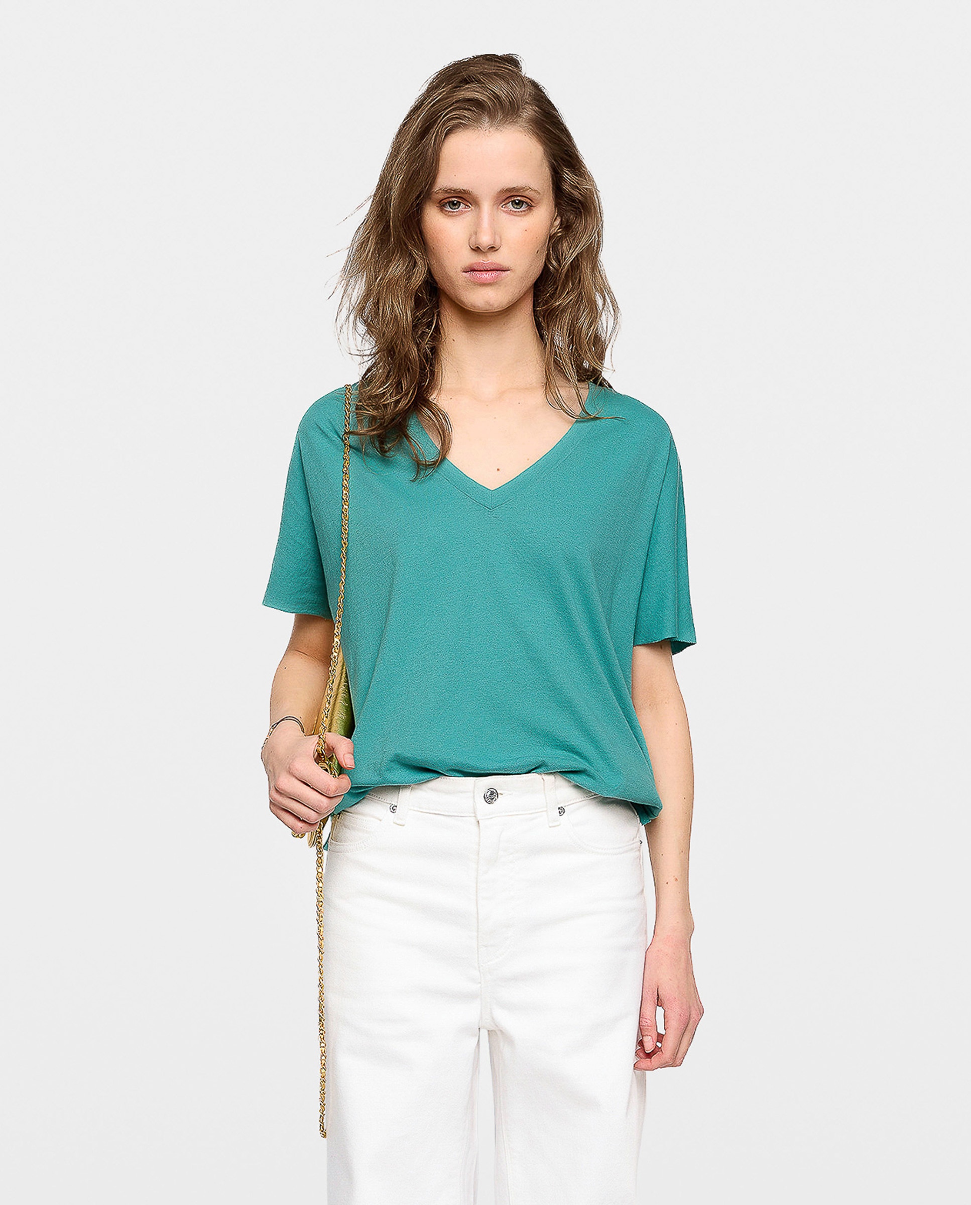 Camiseta de mujer 100% algodón manga corta cuello pico - Zadig & Voltaire - Azul Turquesa Azul Turquesa-1