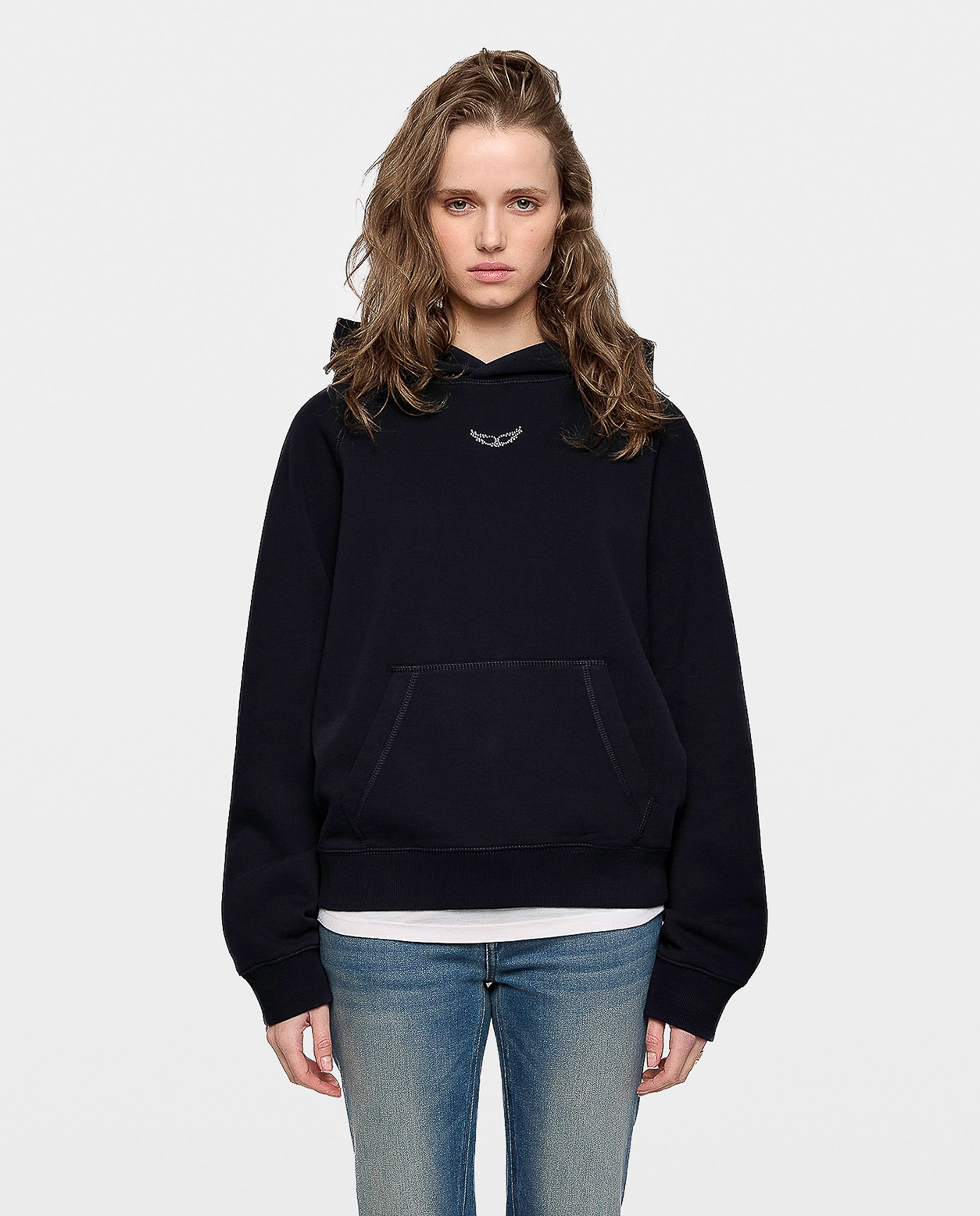 Sudadera con cremallera de mujer con capucha, de mangas largas, en algodón y con strass en la espalda - Zadig & Voltaire - Azul marino Azul marino-1