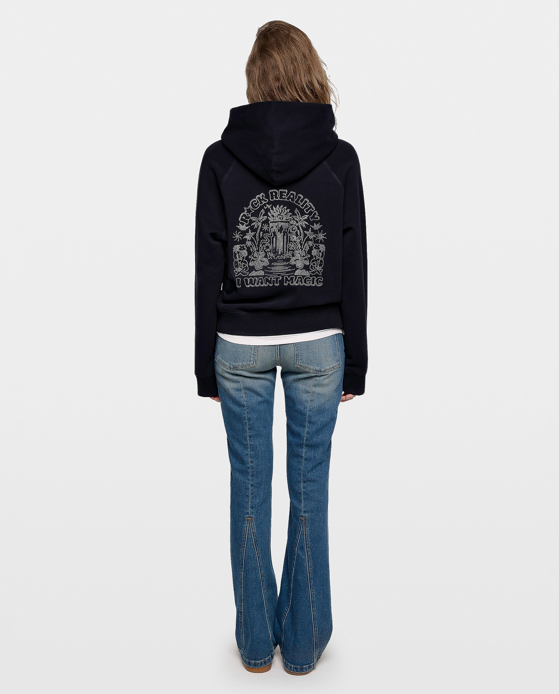 Sudadera con cremallera de mujer con capucha, de mangas largas, en algodón y con strass en la espalda - Zadig & Voltaire - Azul marino Azul marino-2