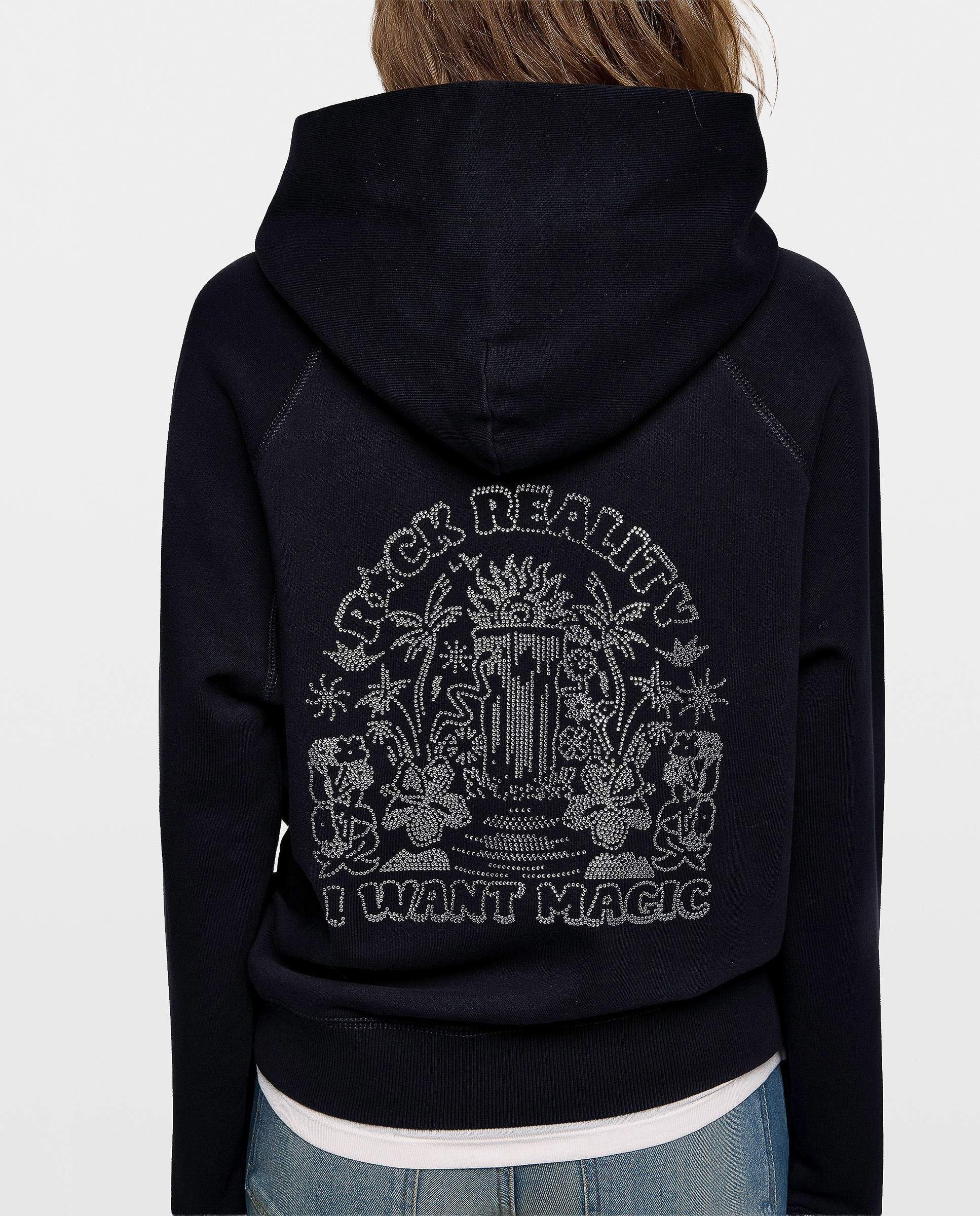 Sudadera con cremallera de mujer con capucha, de mangas largas, en algodón y con strass en la espalda - Zadig & Voltaire - Azul marino Azul marino-6