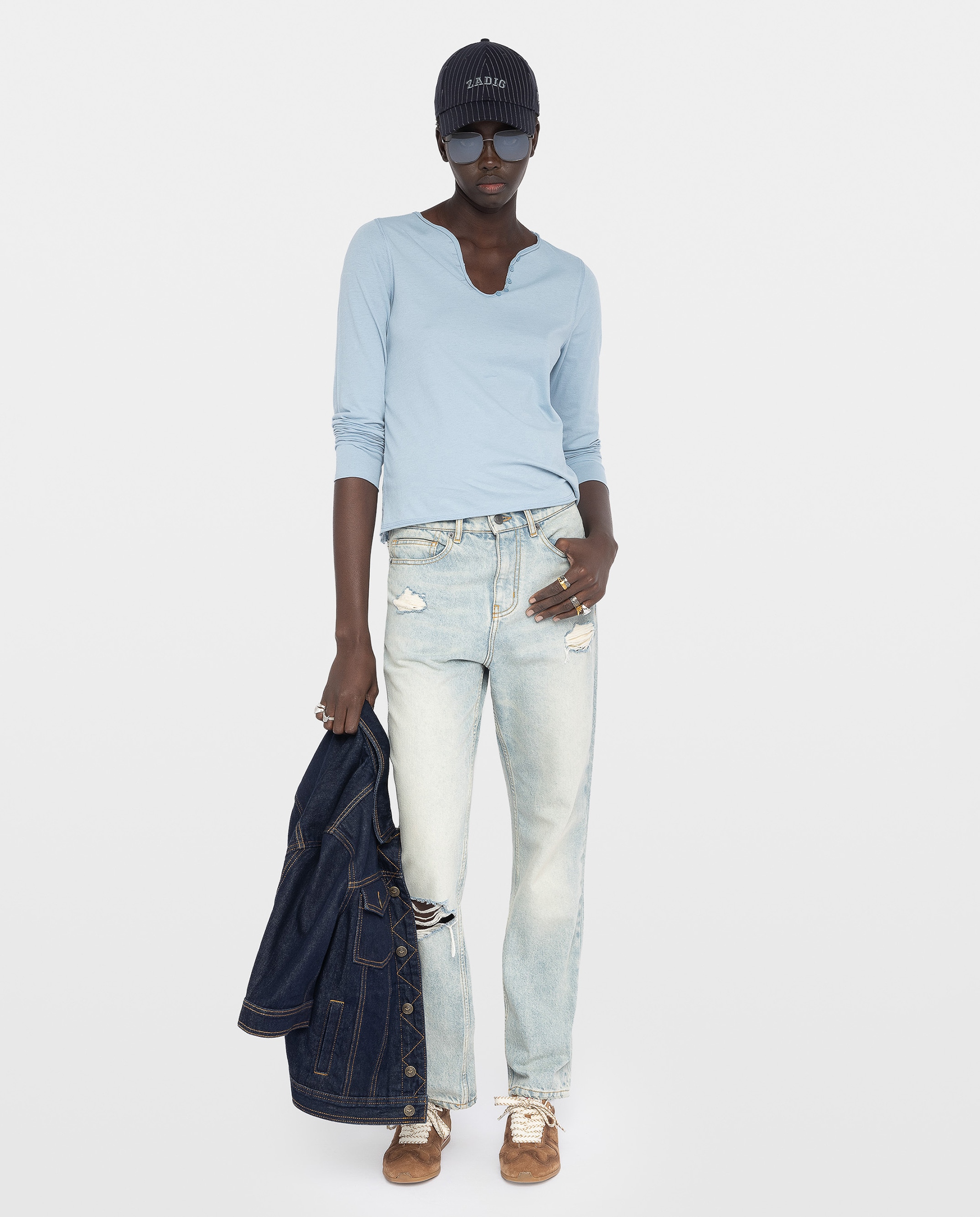 Camiseta tunecina de mujer de manga larga de algodón con strass - Zadig & Voltaire - Azul Azul-4