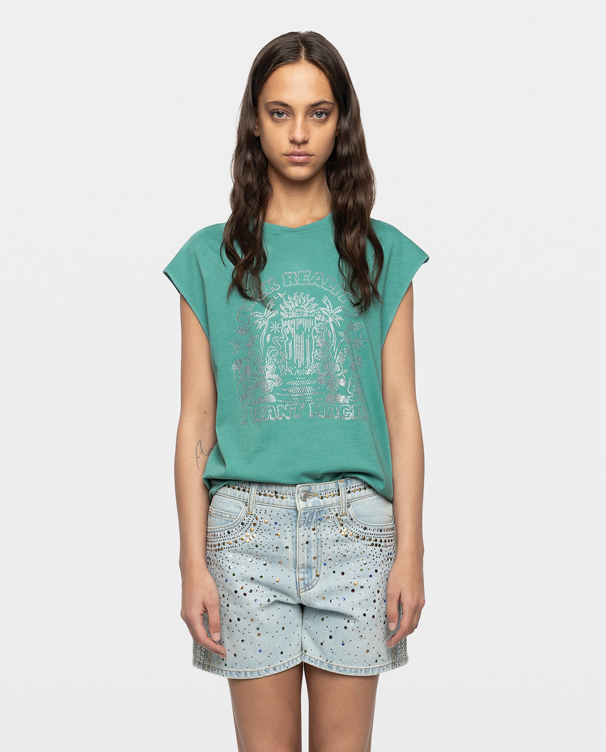 Camiseta de mujer sin mangas con strass en algodón - Zadig & Voltaire - Azul Turquesa Azul Turquesa-1
