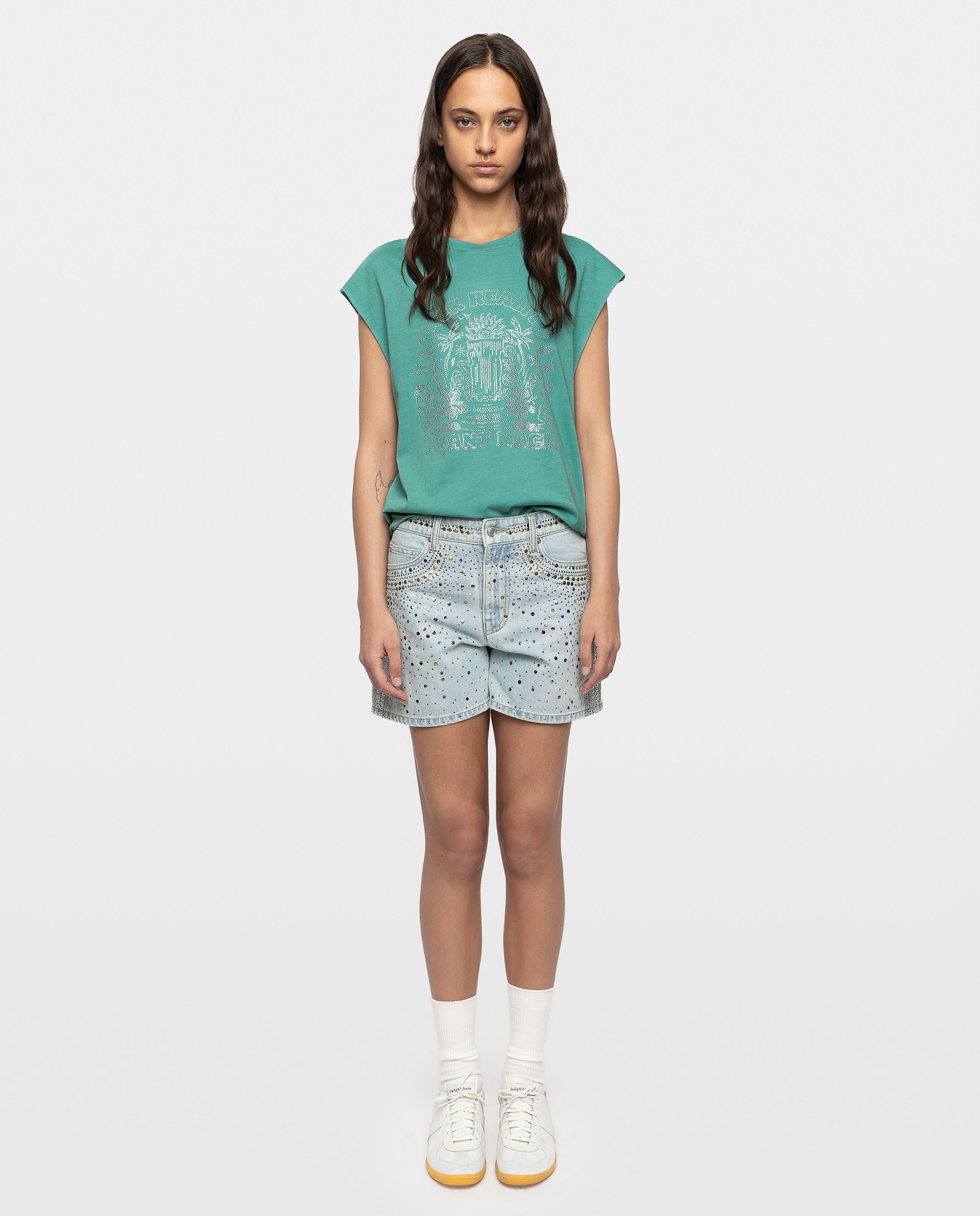 Camiseta de mujer sin mangas con strass en algodón - Zadig & Voltaire - Azul Turquesa Azul Turquesa-3