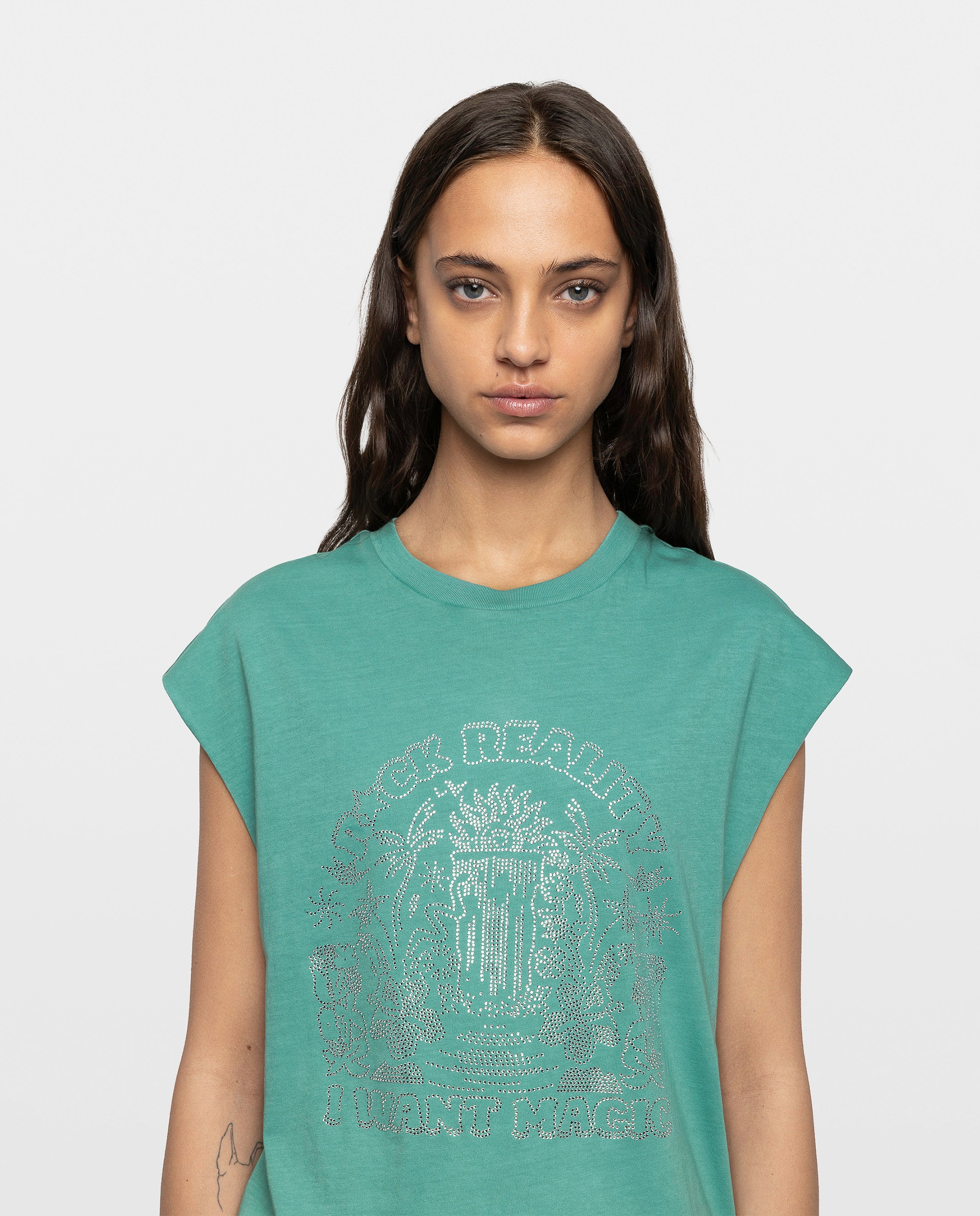Camiseta de mujer sin mangas con strass en algodón - Zadig & Voltaire - Azul Turquesa Azul Turquesa-4