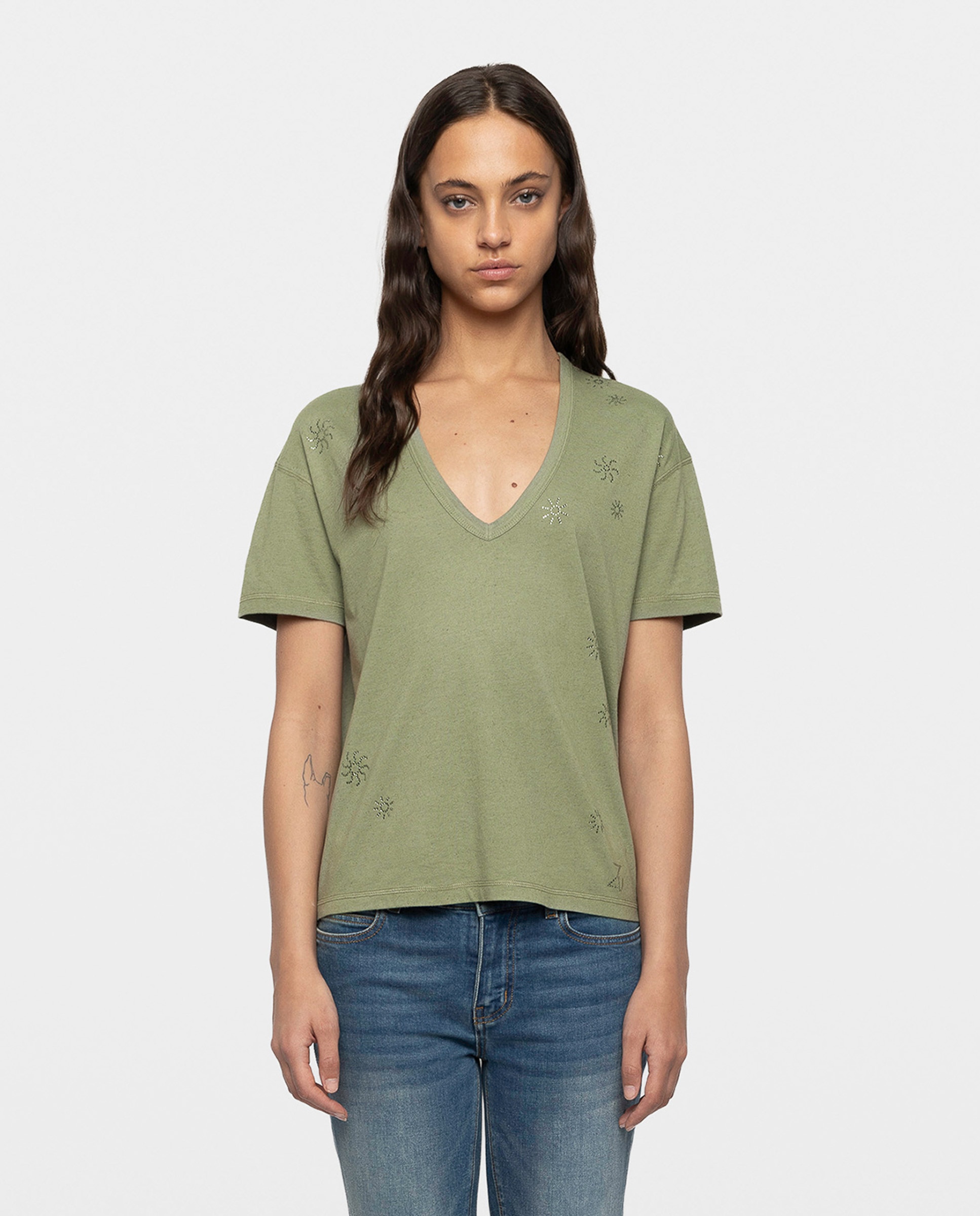 Camiseta de mujer de cuello pico, con strass y manga corta de algodón - Zadig & Voltaire - Kaki Kaki-1
