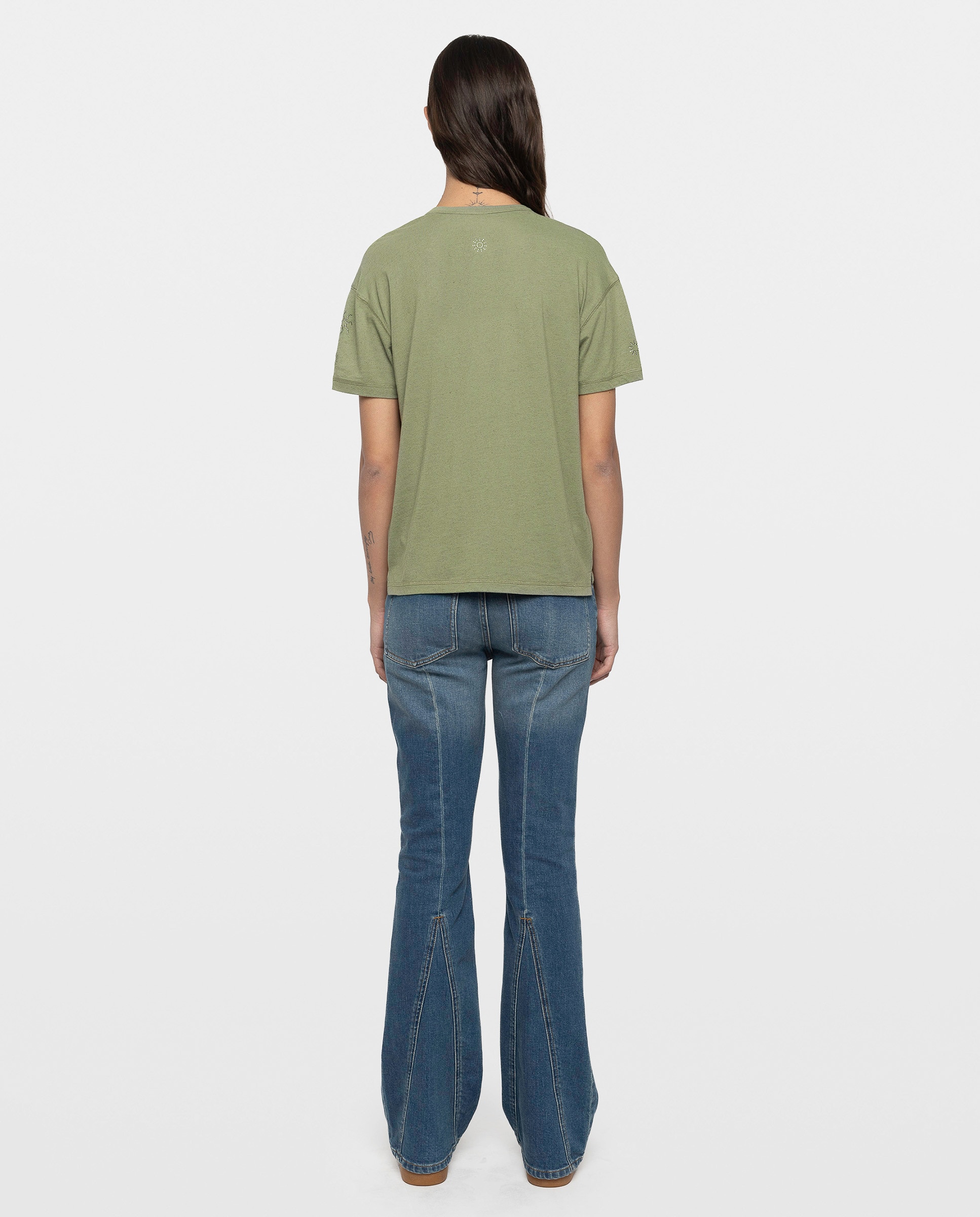 Camiseta de mujer de cuello pico, con strass y manga corta de algodón - Zadig & Voltaire - Kaki Kaki-2