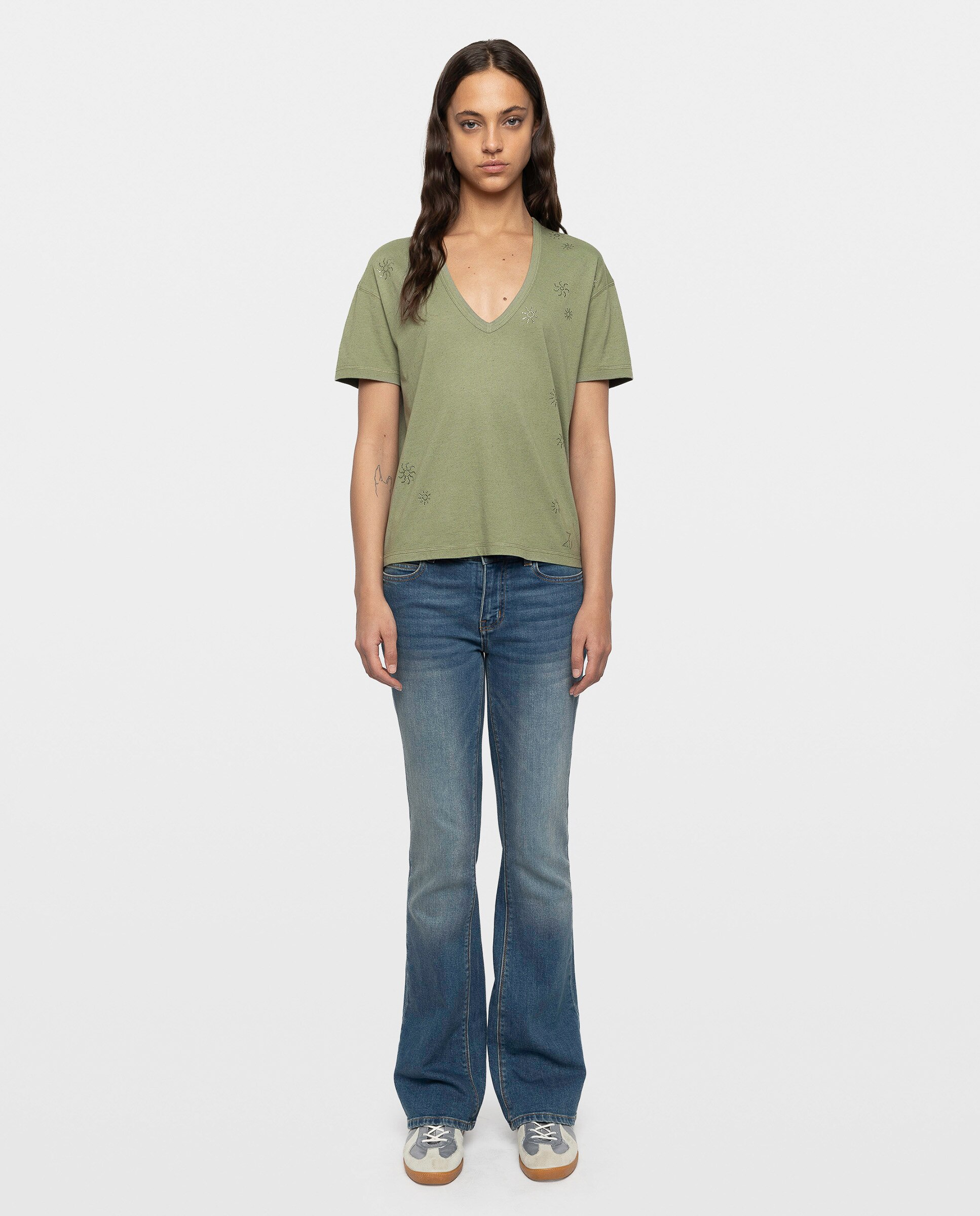 Camiseta de mujer de cuello pico, con strass y manga corta de algodón - Zadig & Voltaire - Kaki Kaki-3