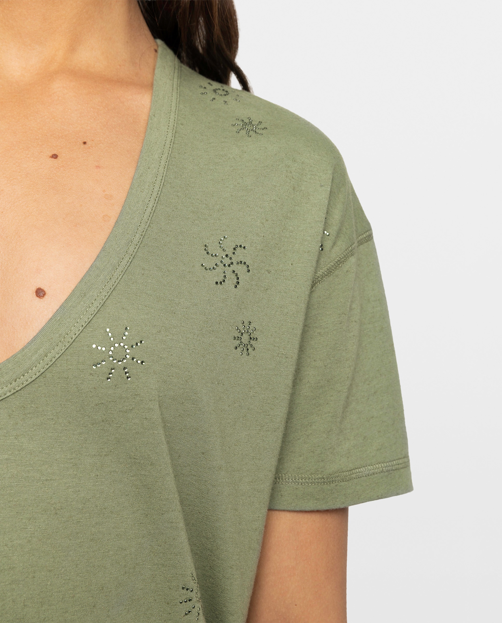Camiseta de mujer de cuello pico, con strass y manga corta de algodón - Zadig & Voltaire - Kaki Kaki-4