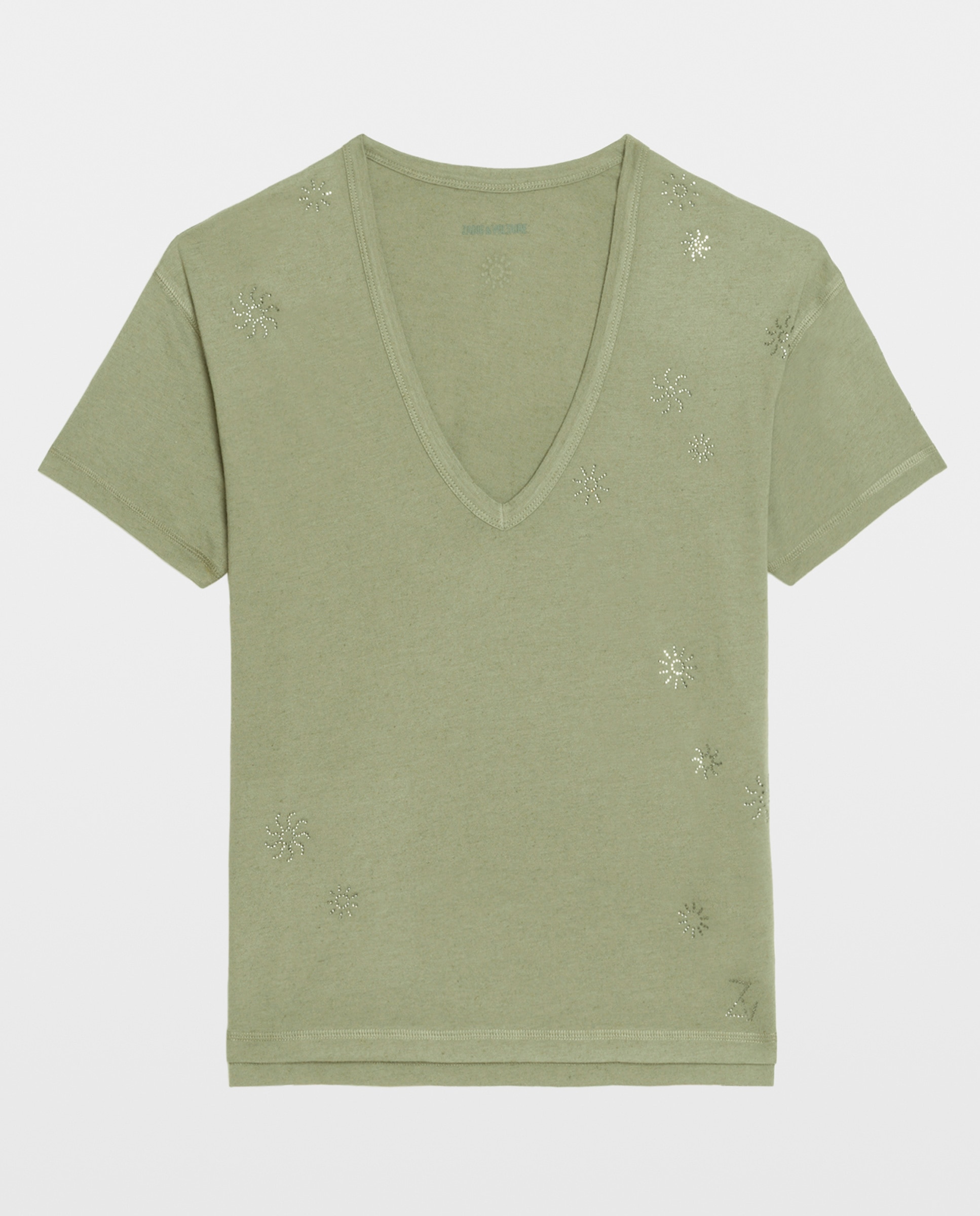 Camiseta de mujer de cuello pico, con strass y manga corta de algodón - Zadig & Voltaire - Kaki Kaki-5