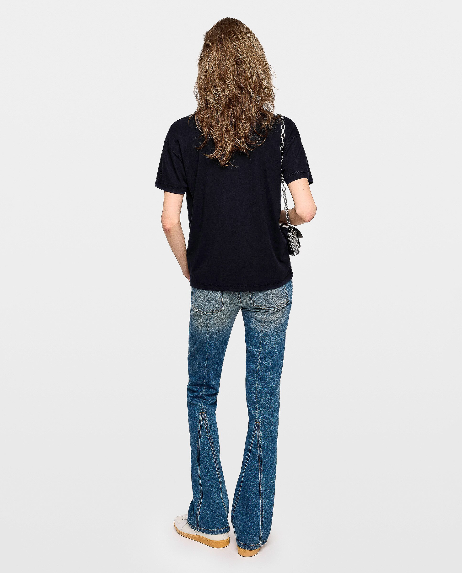Camiseta de mujer de cuello pico, con strass y manga corta de algodón - Zadig & Voltaire - Azul marino Azul marino-2