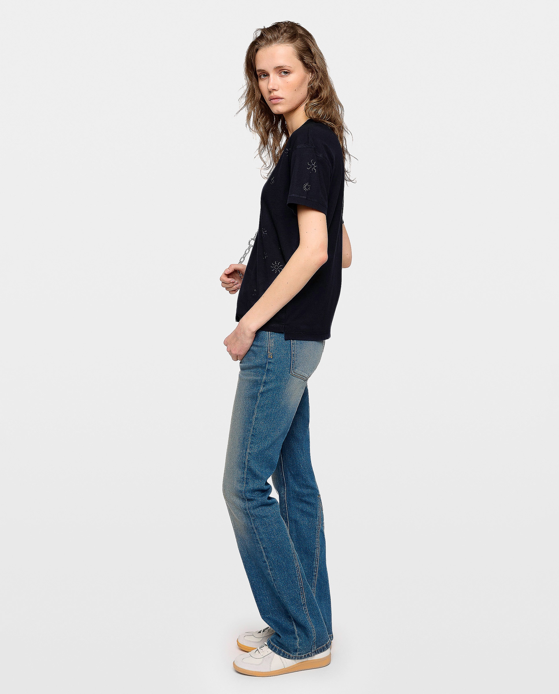 Camiseta de mujer de cuello pico, con strass y manga corta de algodón - Zadig & Voltaire - Azul marino Azul marino-3