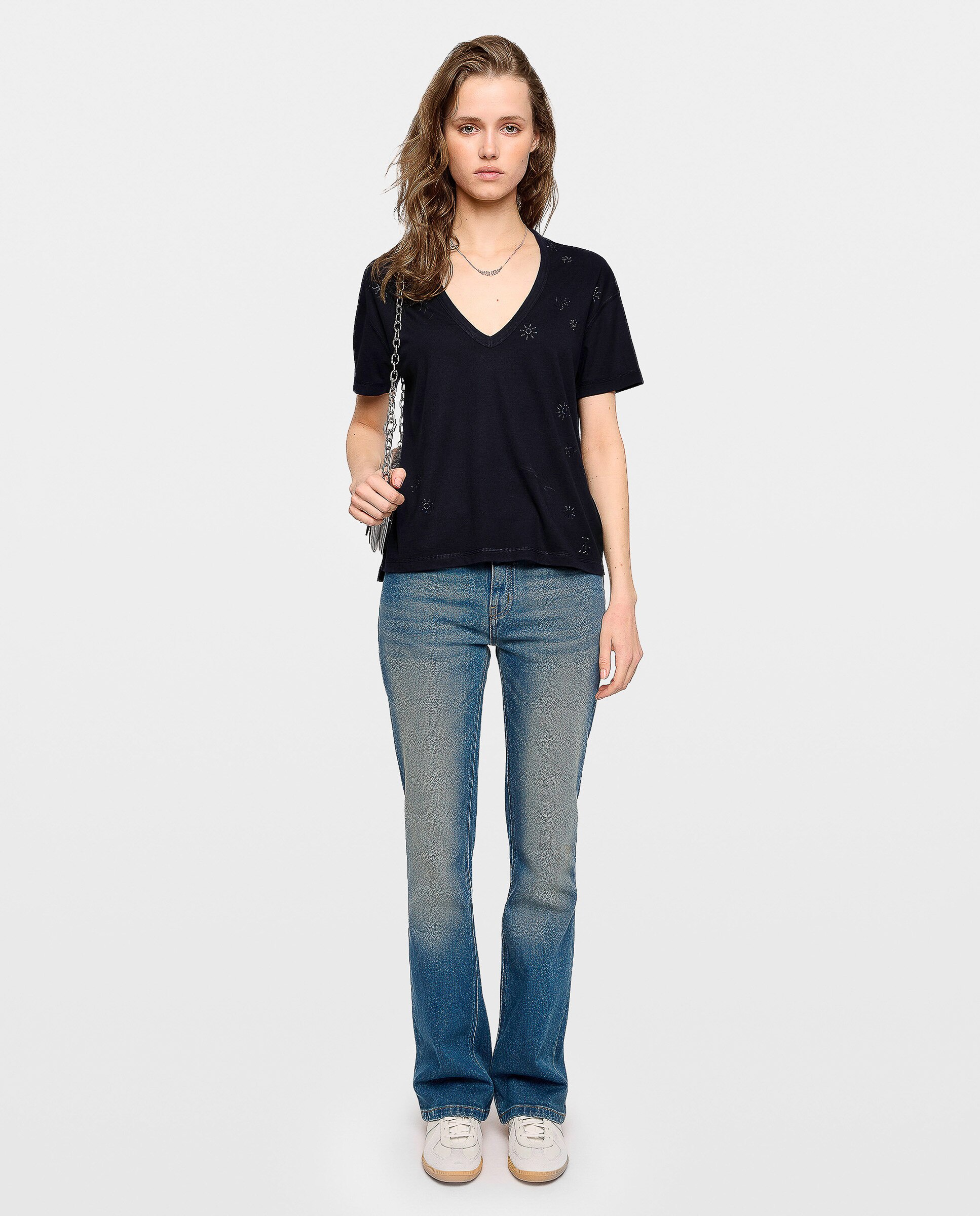 Camiseta de mujer de cuello pico, con strass y manga corta de algodón - Zadig & Voltaire - Azul marino Azul marino-4