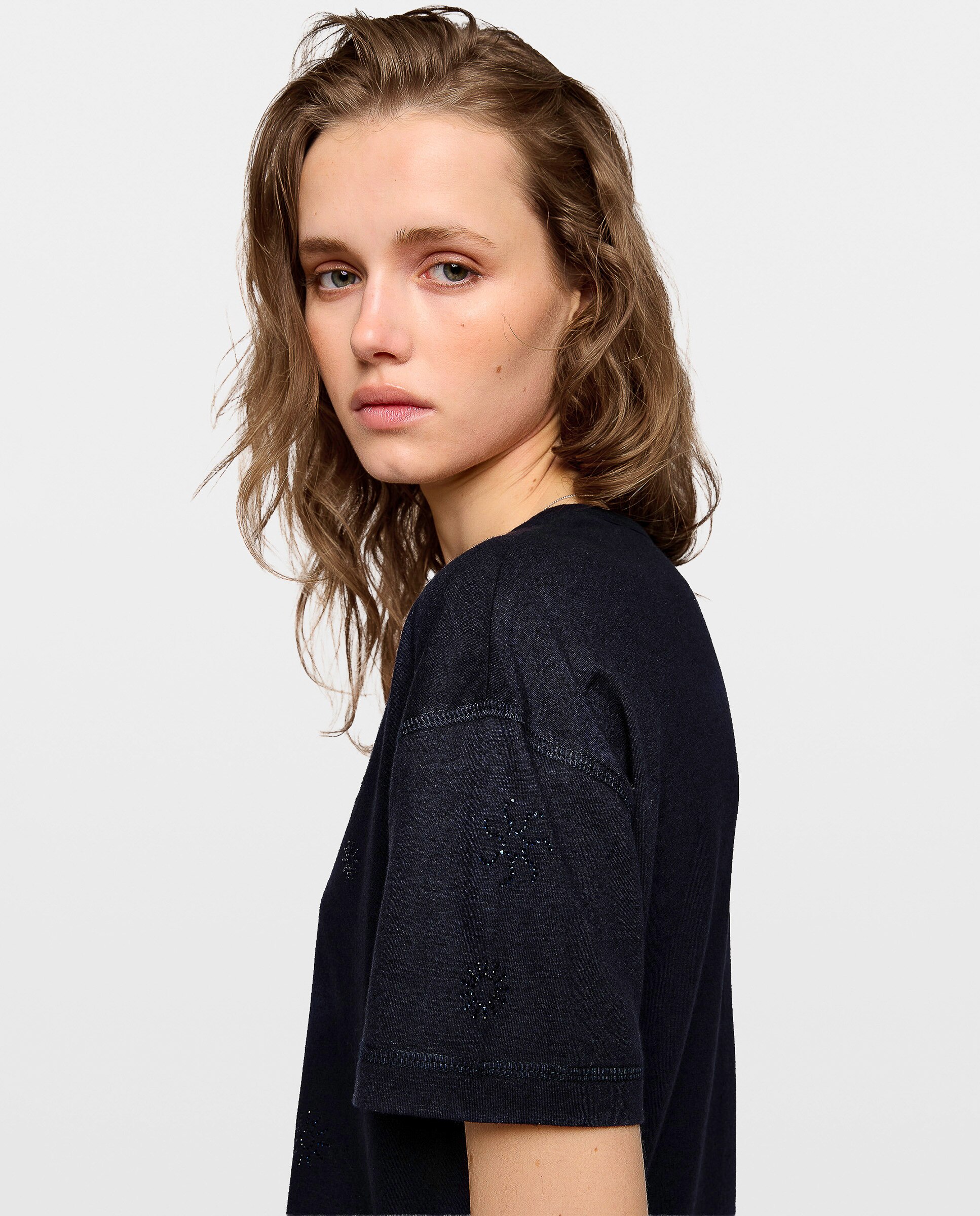 Camiseta de mujer de cuello pico, con strass y manga corta de algodón - Zadig & Voltaire - Azul marino Azul marino-5
