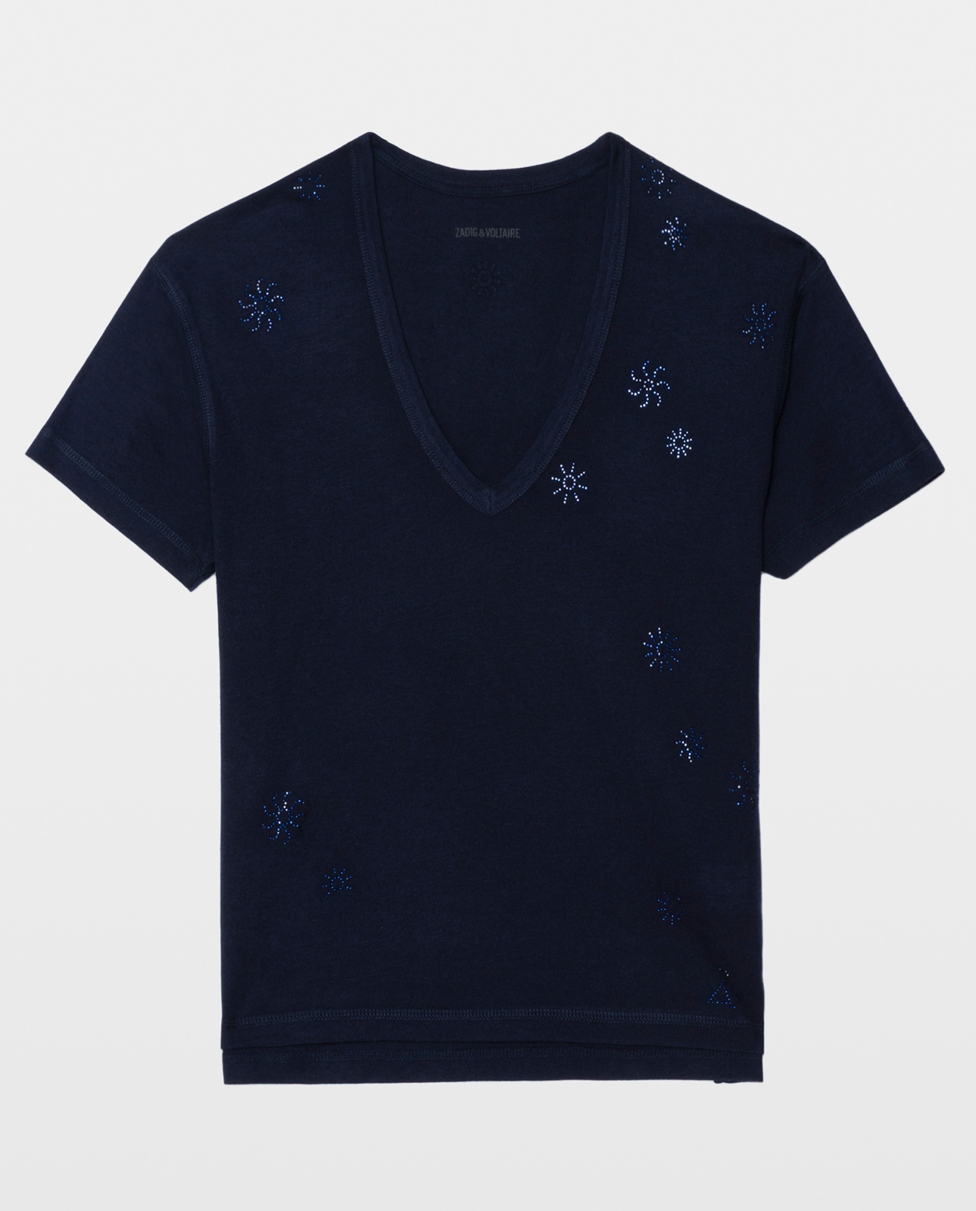 Camiseta de mujer de cuello pico, con strass y manga corta de algodón - Zadig & Voltaire - Azul marino Azul marino-7