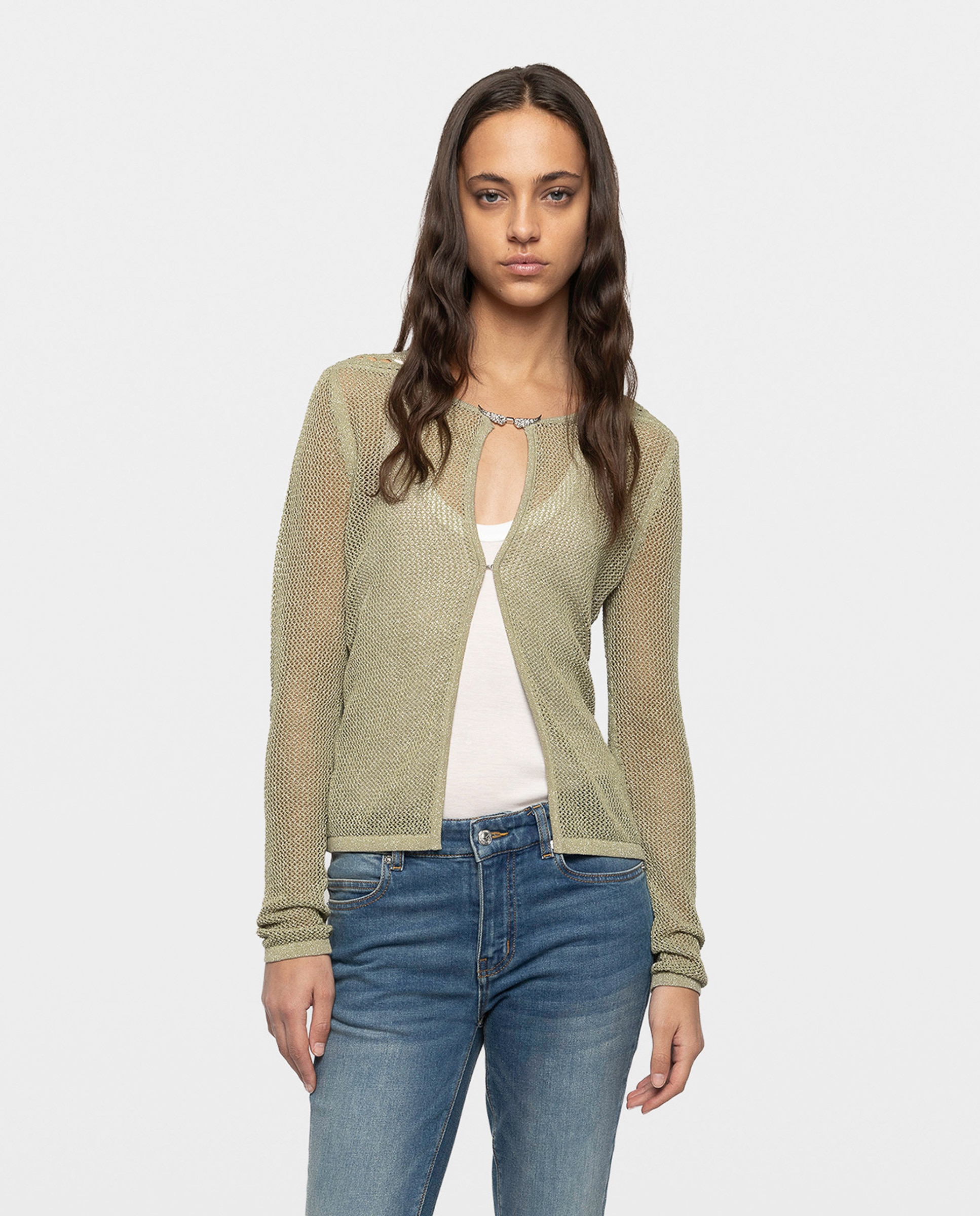 Cárdigan de mujer de algodón con manga larga y lurex - Zadig & Voltaire - Kaki Kaki-1