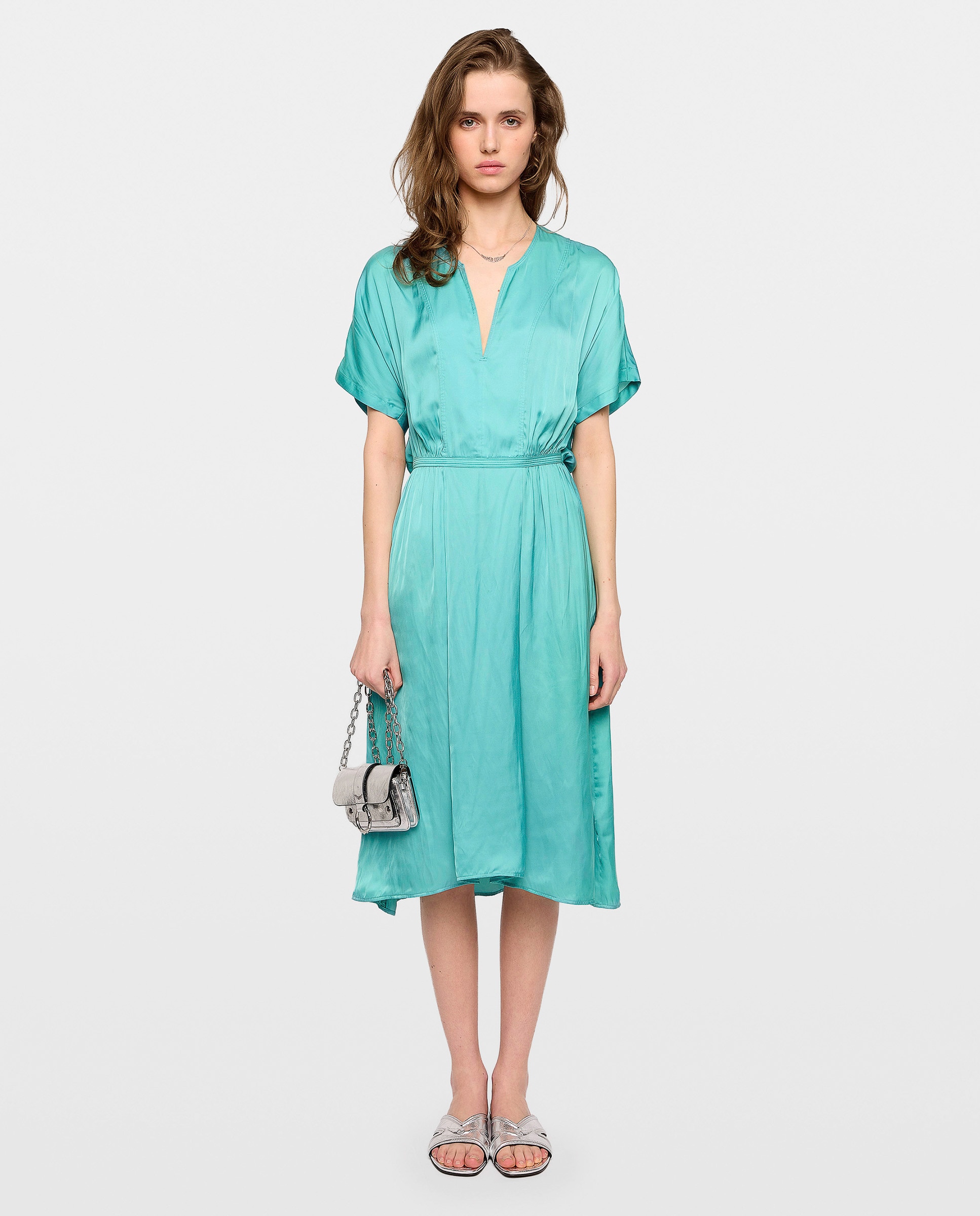 Vestido midi de satén con mangas cortas y cintura elástica - Zadig & Voltaire - Azul Turquesa Azul Turquesa-1