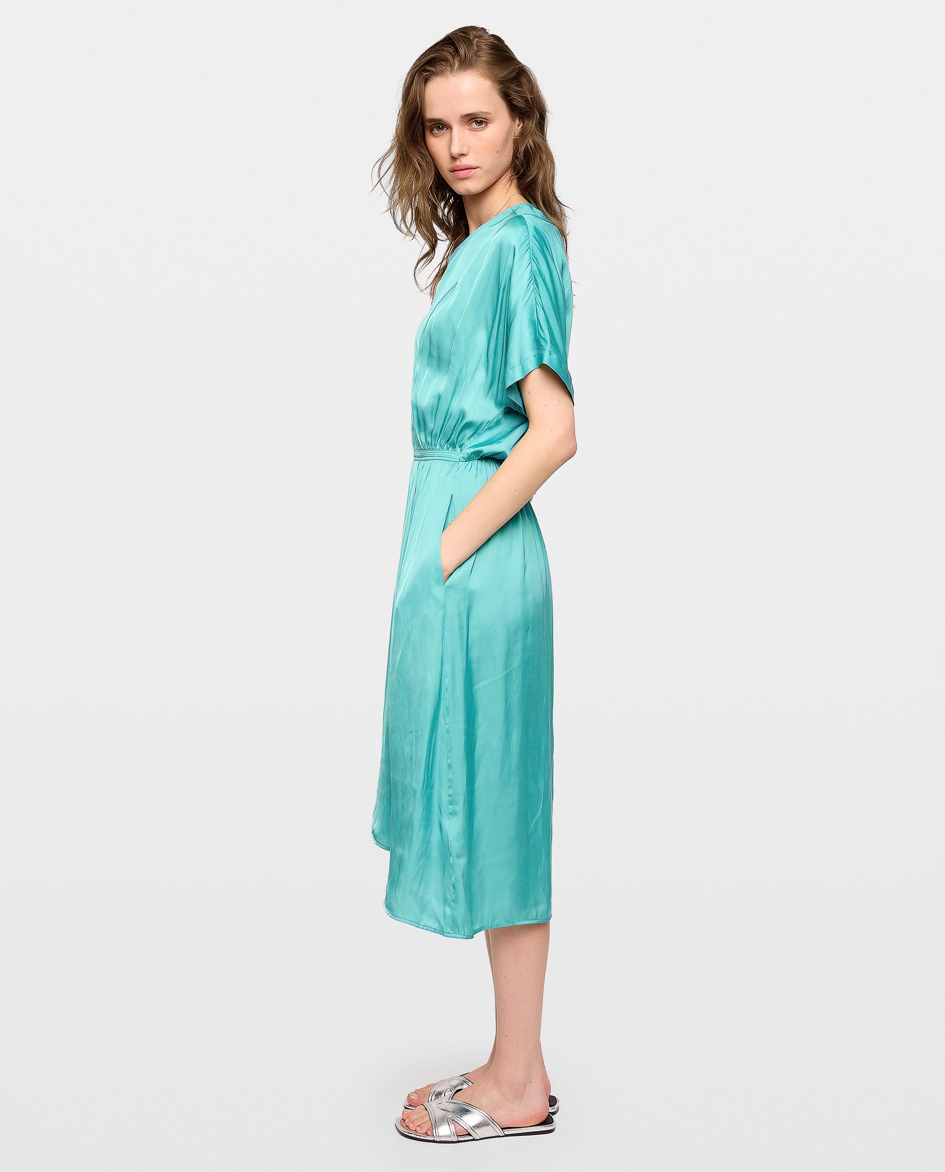 Vestido midi de satén con mangas cortas y cintura elástica - Zadig & Voltaire - Azul Turquesa Azul Turquesa-2