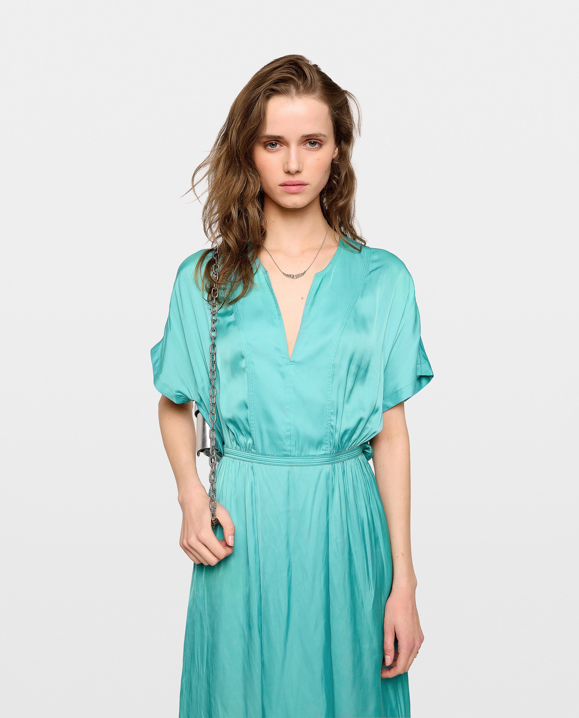 Vestido midi de satén con mangas cortas y cintura elástica - Zadig & Voltaire - Azul Turquesa Azul Turquesa-4
