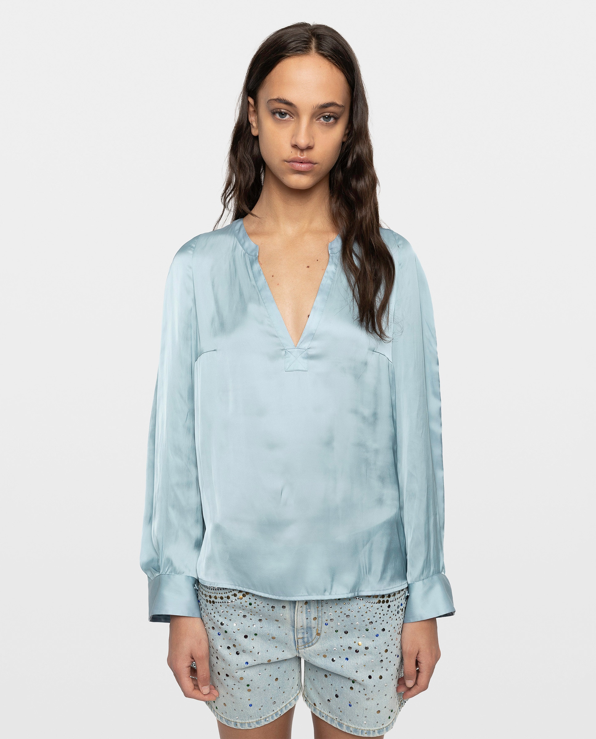 Túnica de mujer de satén japonés y mangas largas - Zadig & Voltaire - Azul Azul-1