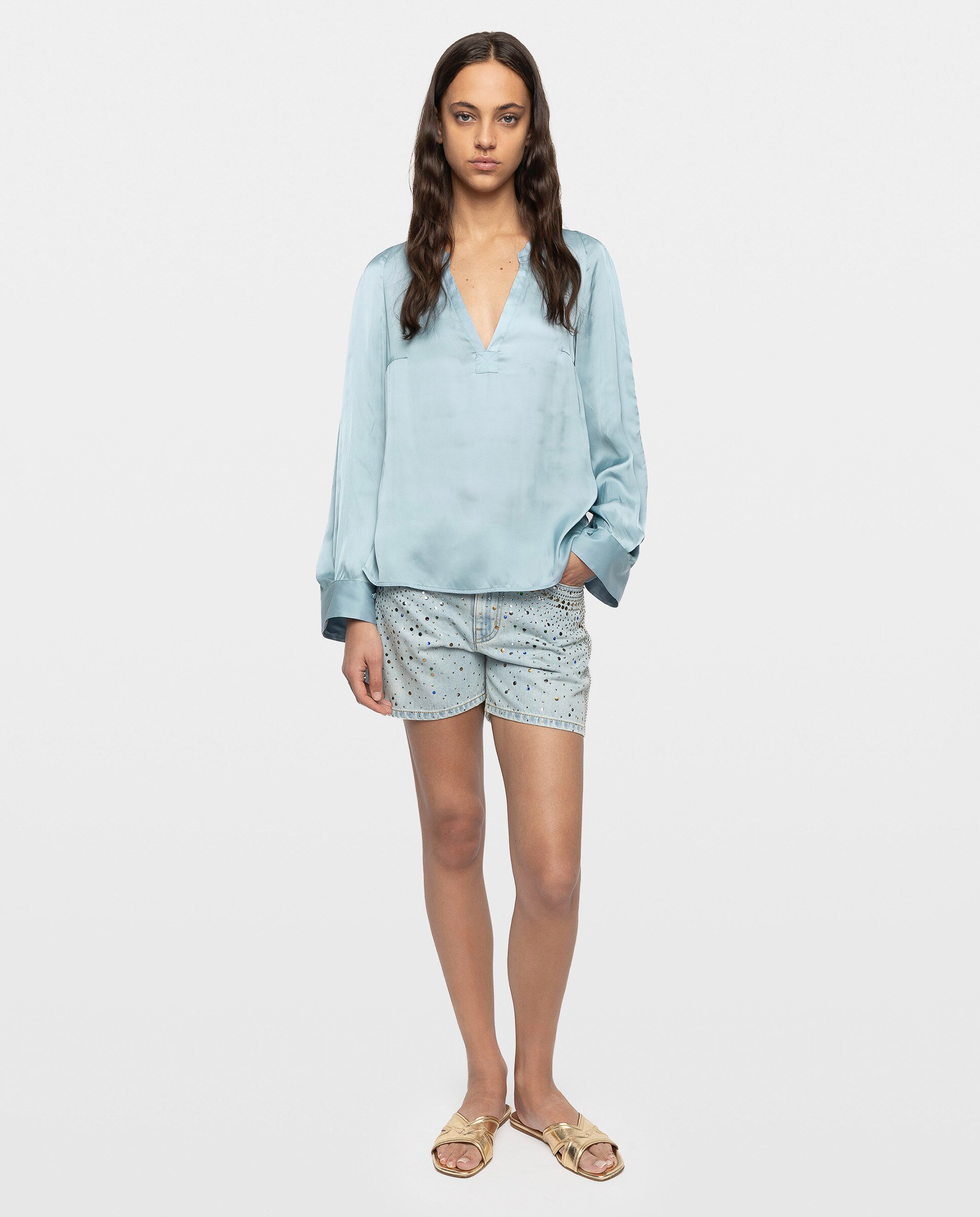 Túnica de mujer de satén japonés y mangas largas - Zadig & Voltaire - Azul Azul-3