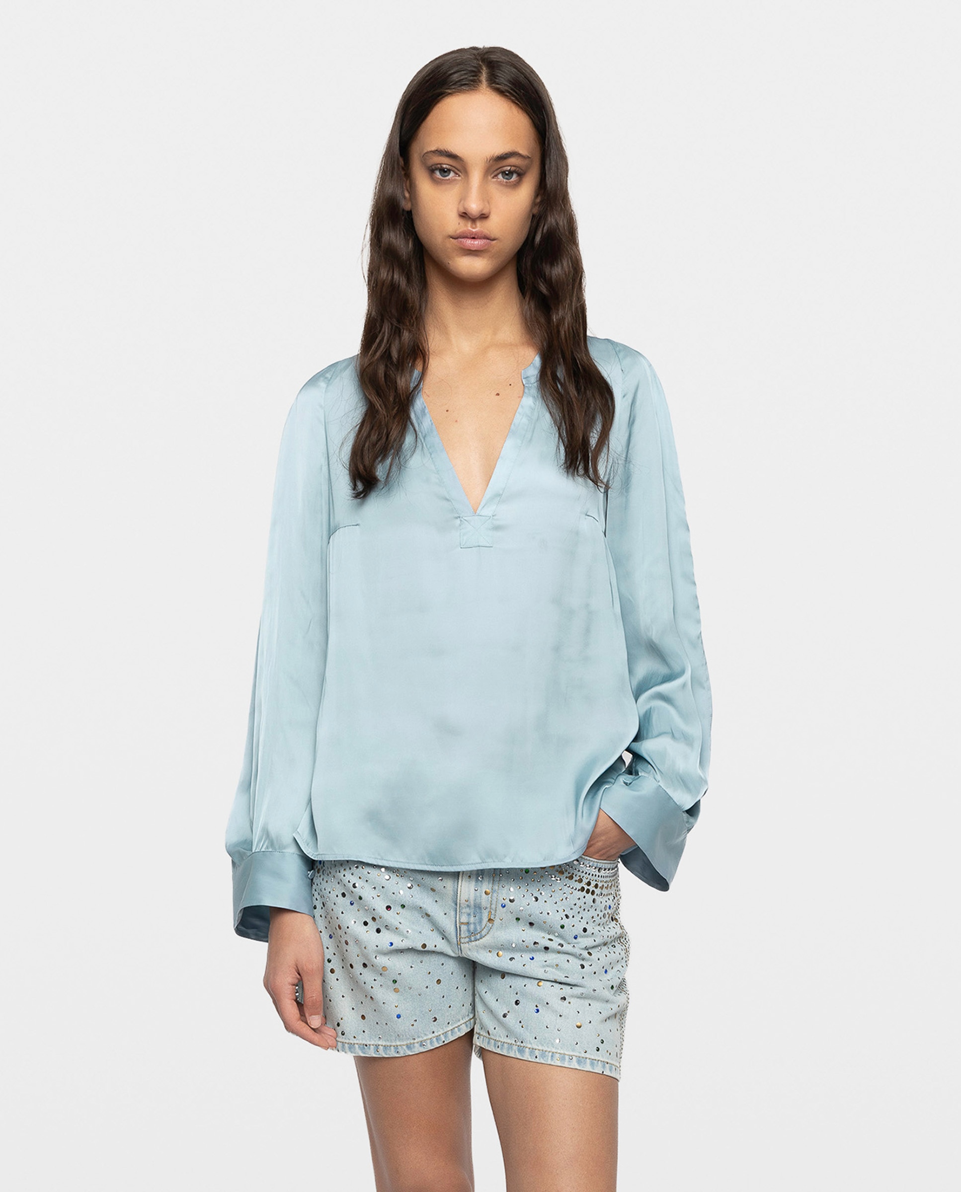 Túnica de mujer de satén japonés y mangas largas - Zadig & Voltaire - Azul Azul-5