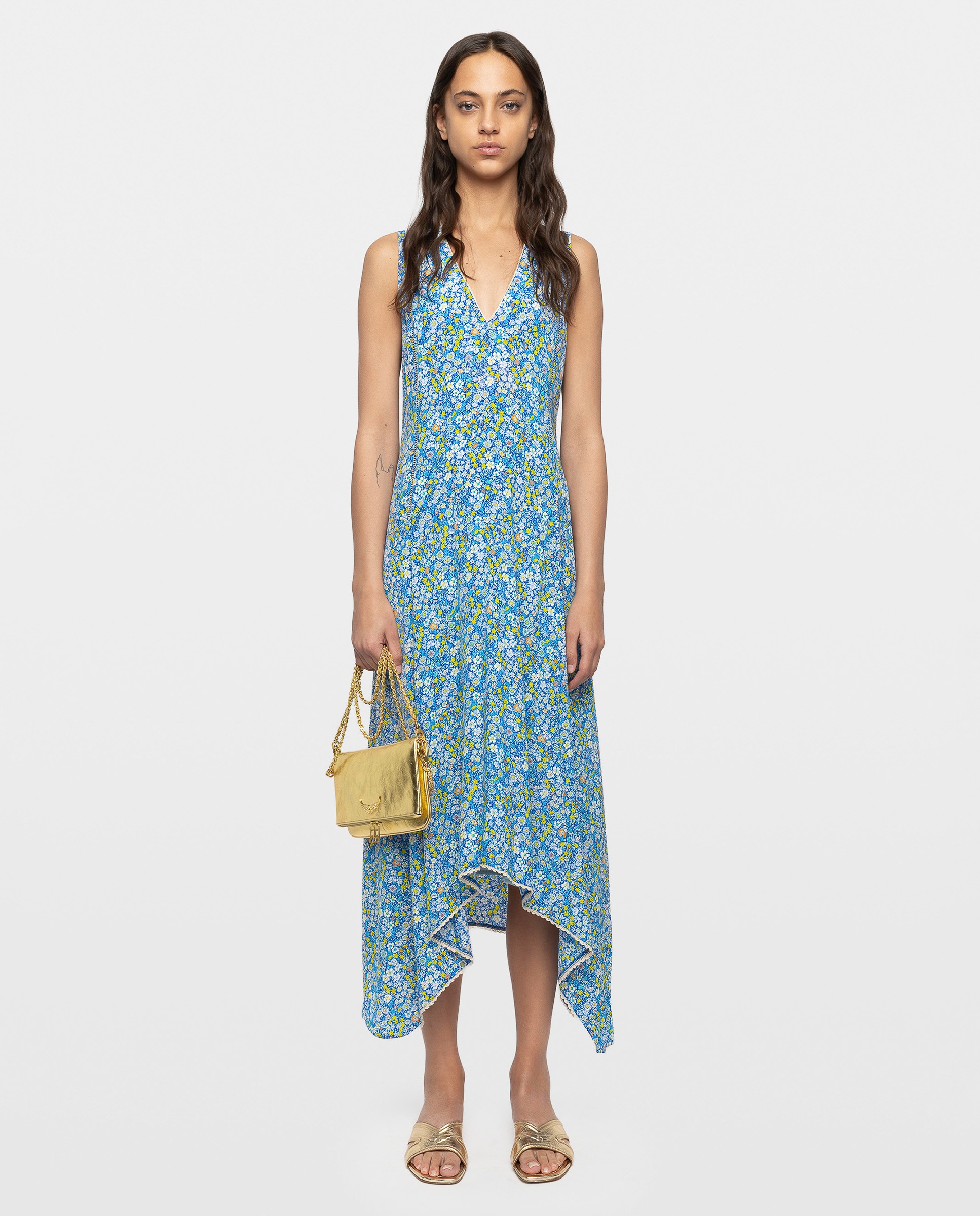 Vestido midi asimétrico estampado con alas bordadas