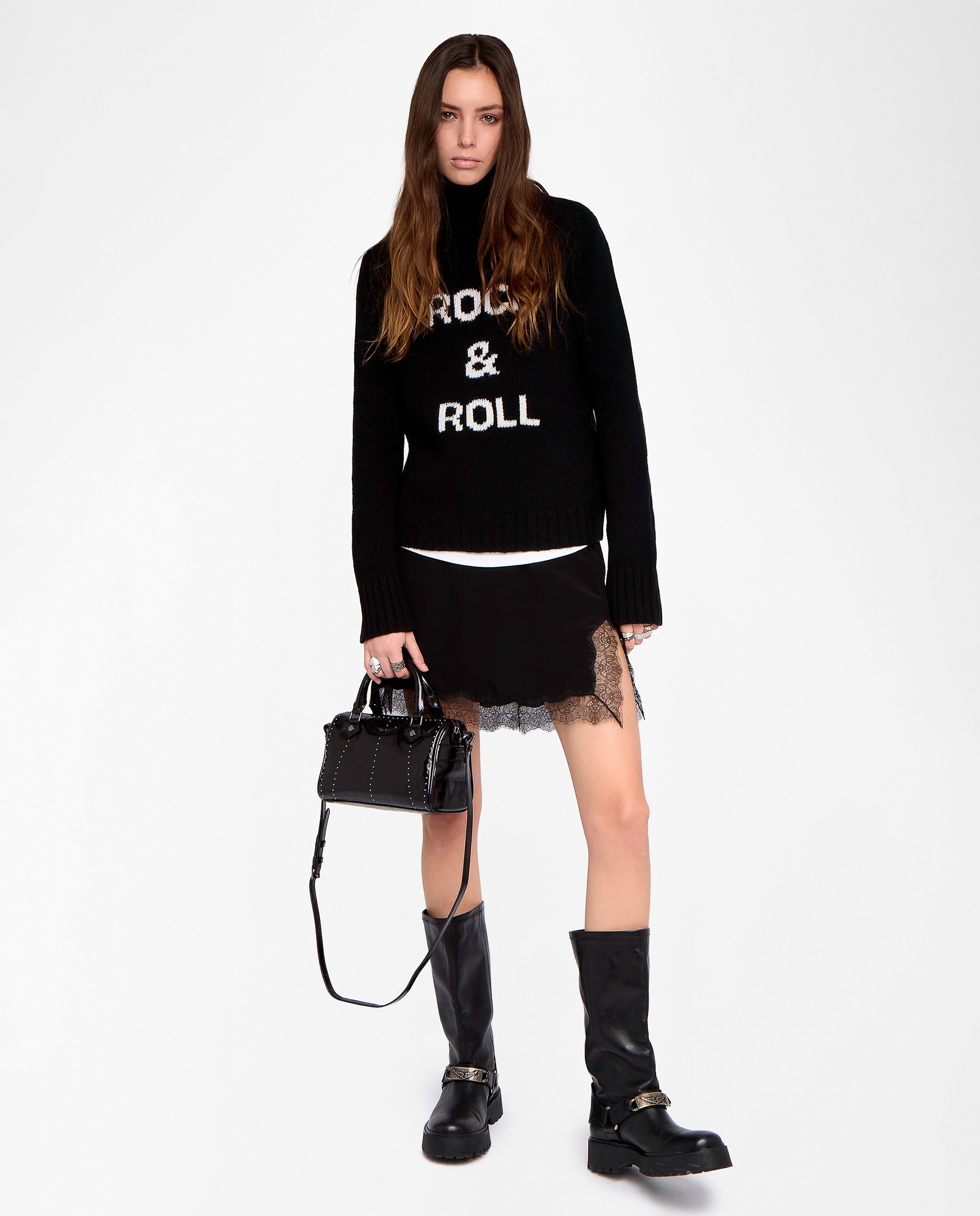 Jersey de mujer 100% lana merino de cuello alto con intarsia - Zadig & Voltaire - Negro Negro-4