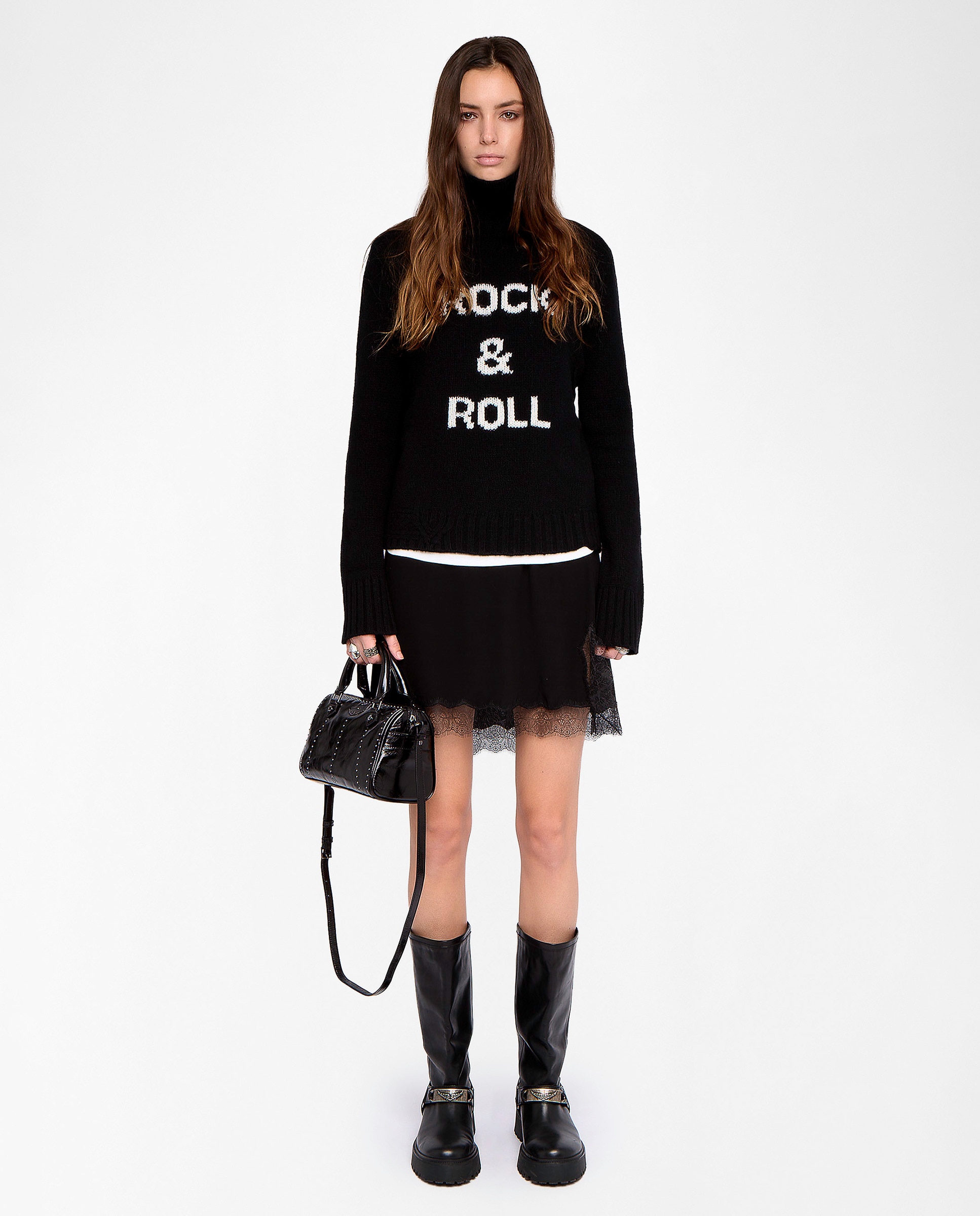 Jersey de mujer 100% lana merino de cuello alto con intarsia - Zadig & Voltaire - Negro Negro-5