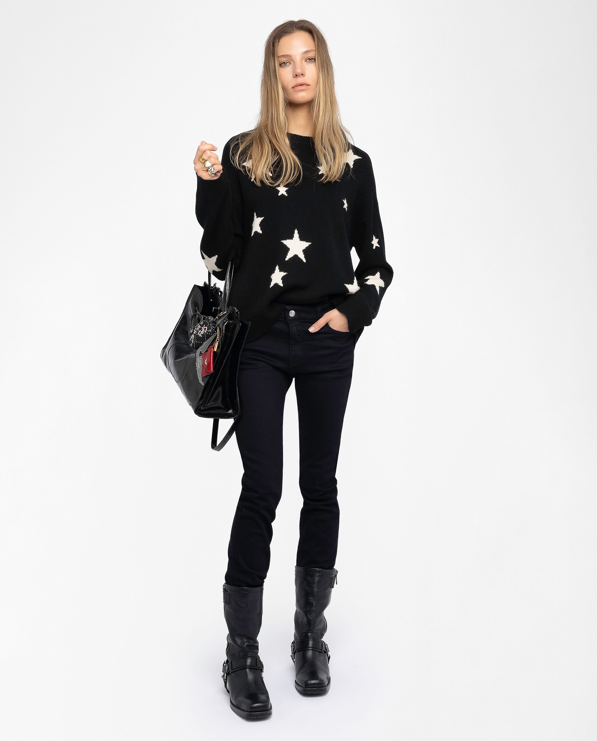 Jersey de mujer 100% cachemira de cuello redondo con estrellas - Zadig & Voltaire - Negro Negro-4