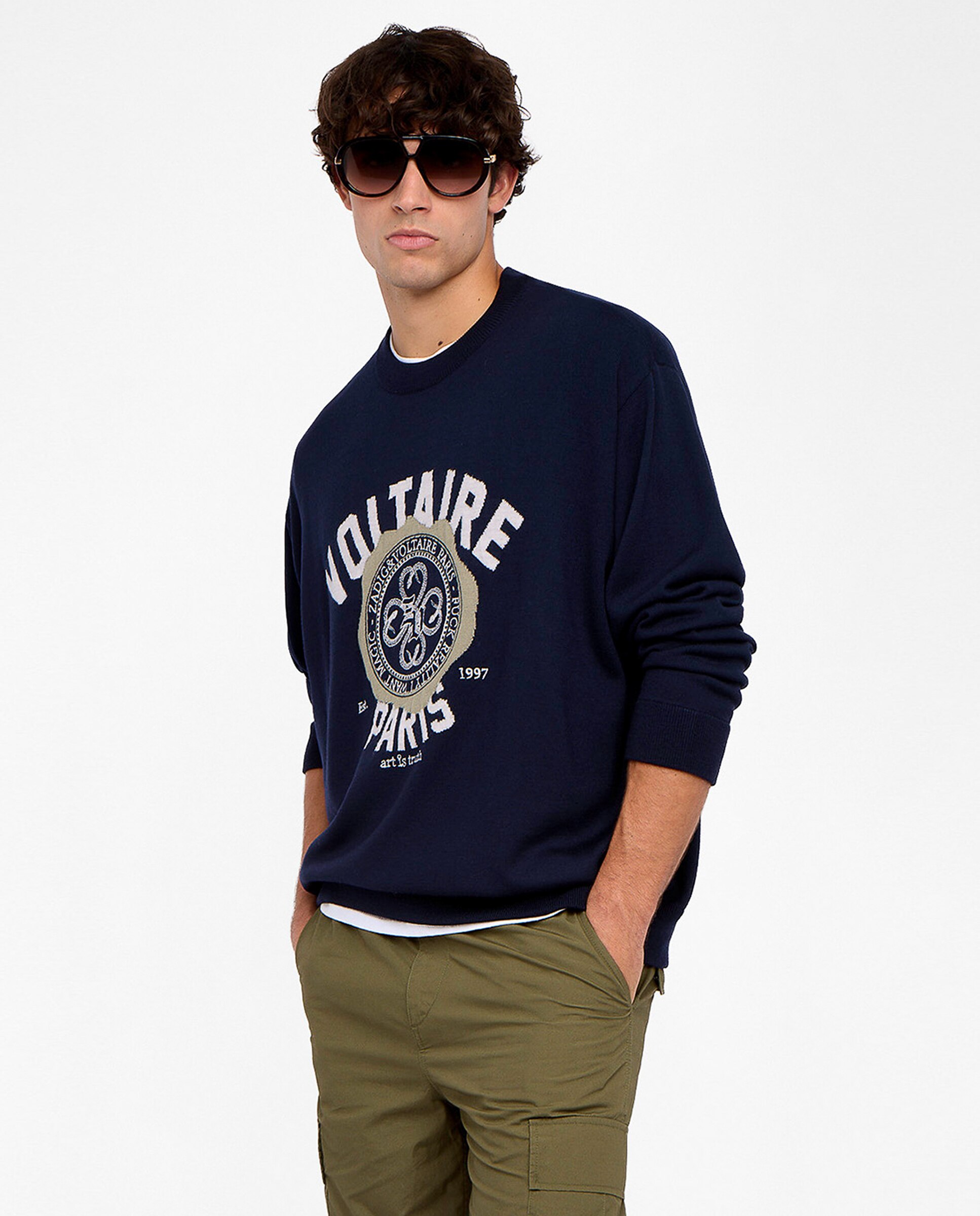 Zadig & Voltaire - Jersey 100% lana de hombre cuello redondo jacquard mangas largas.
