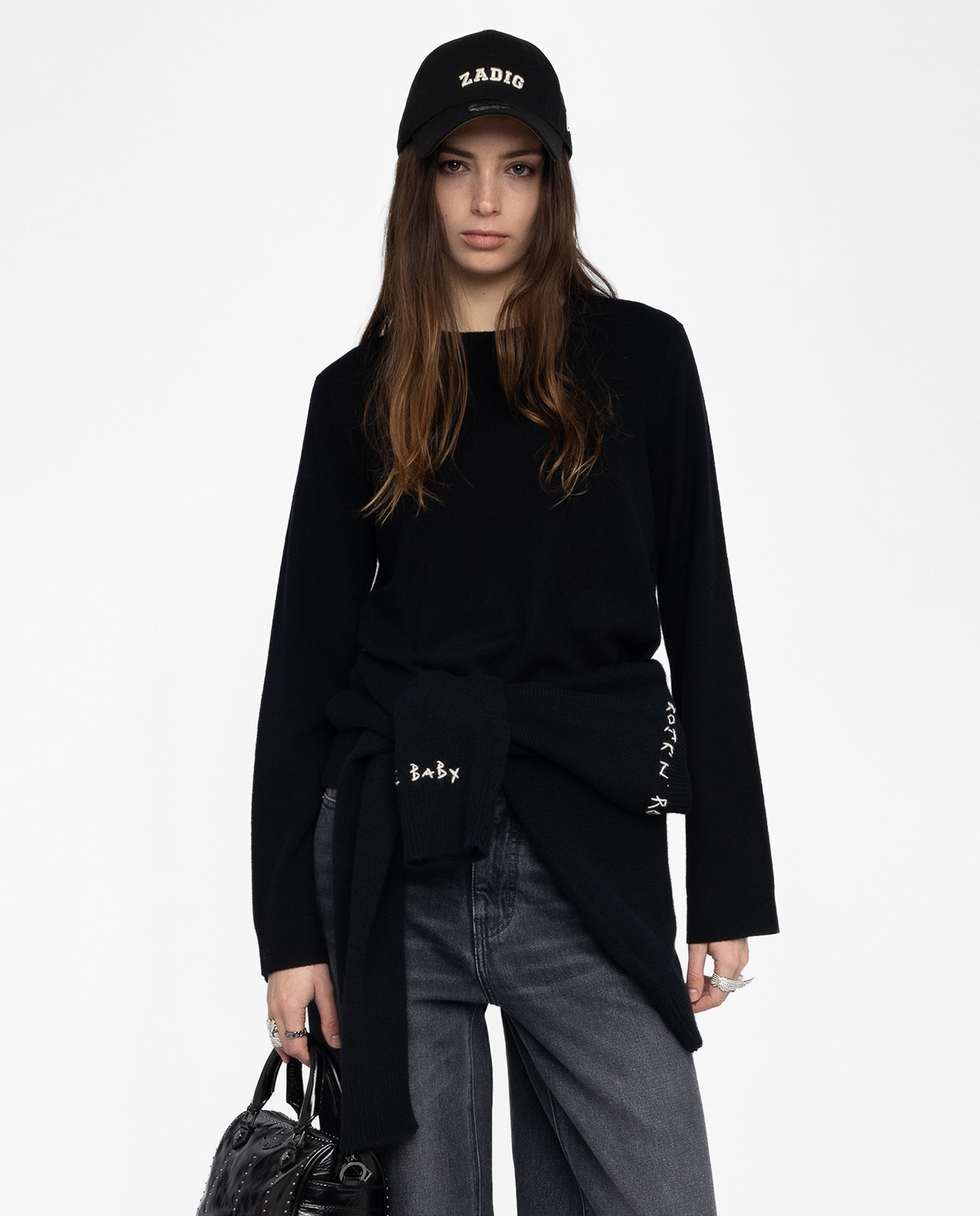 Jersey de mujer de cuello redondo de cachemira con mangas largas y parche de cuero - Zadig & Voltaire - Negro Negro-1