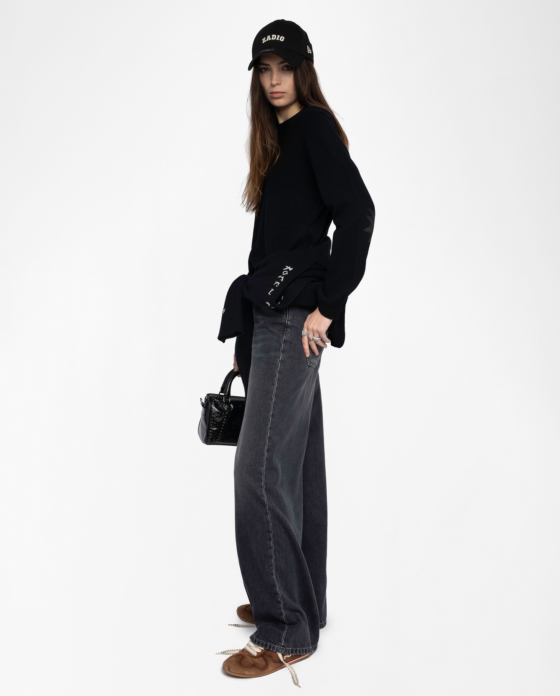 Jersey de mujer de cuello redondo de cachemira con mangas largas y parche de cuero - Zadig & Voltaire - Negro Negro-3