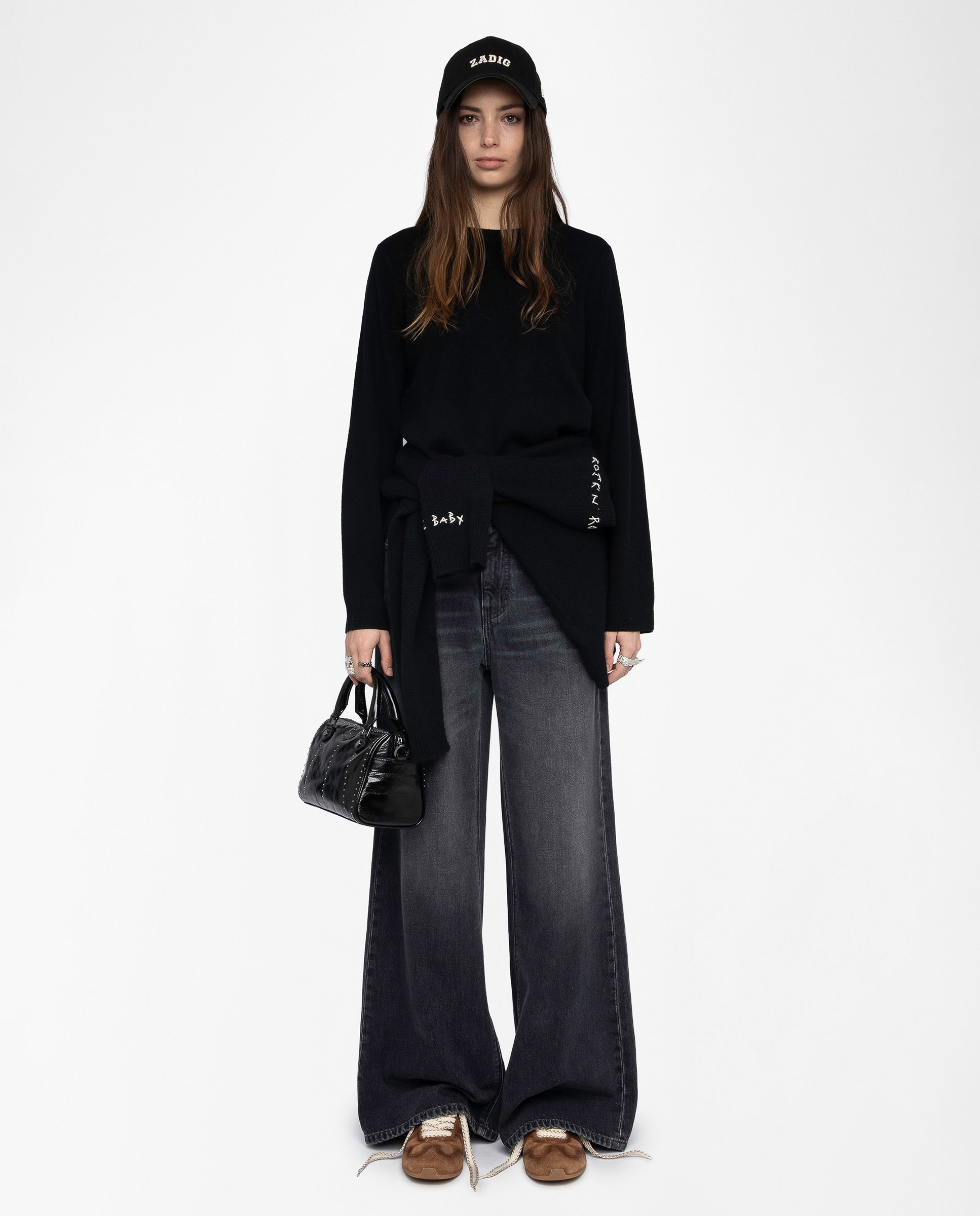 Jersey de mujer de cuello redondo de cachemira con mangas largas y parche de cuero - Zadig & Voltaire - Negro Negro-4